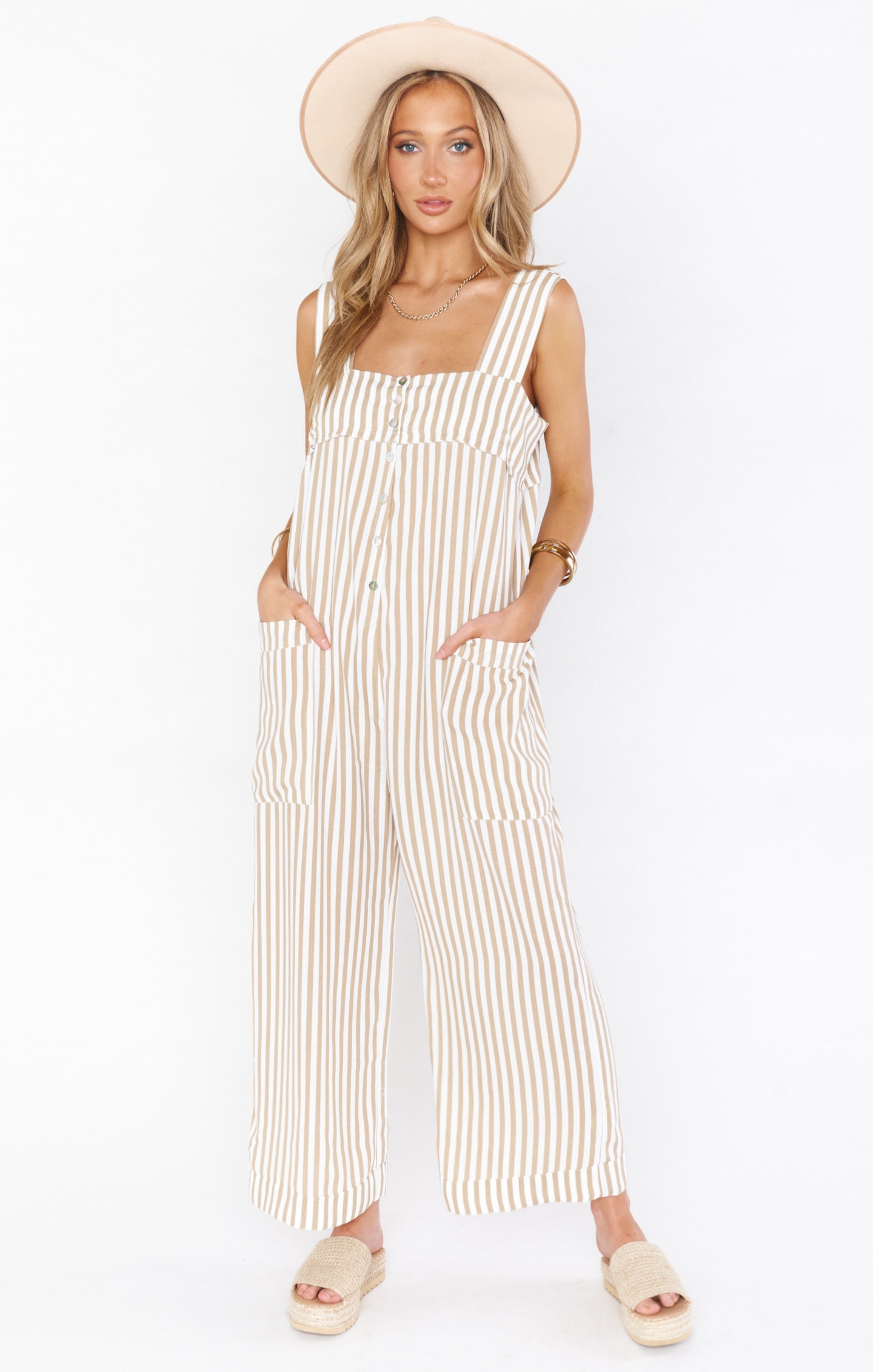Beige Striped Jumpsuit for Women with Pockets | Everyday Wear