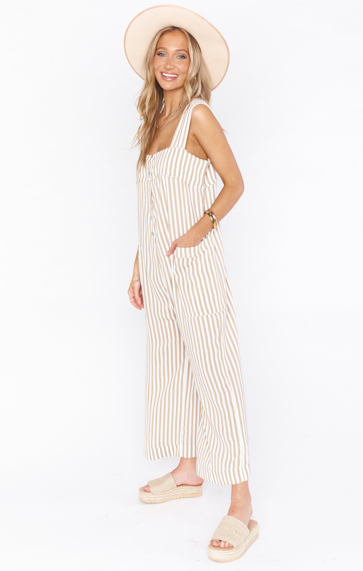 Beige Striped Jumpsuit for Women with Pockets | Everyday Wear