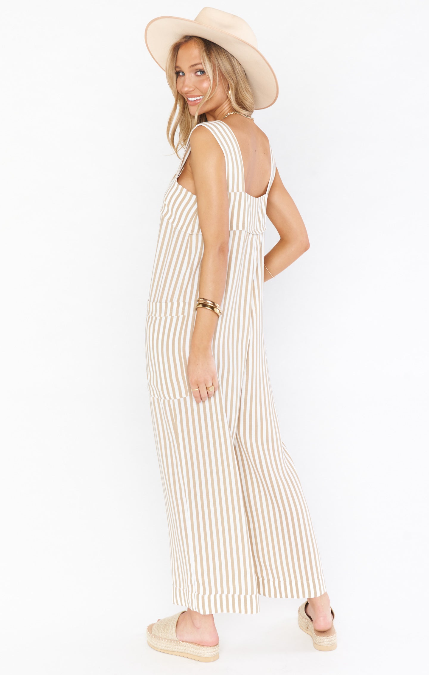 Beige Striped Jumpsuit for Women with Pockets | Everyday Wear