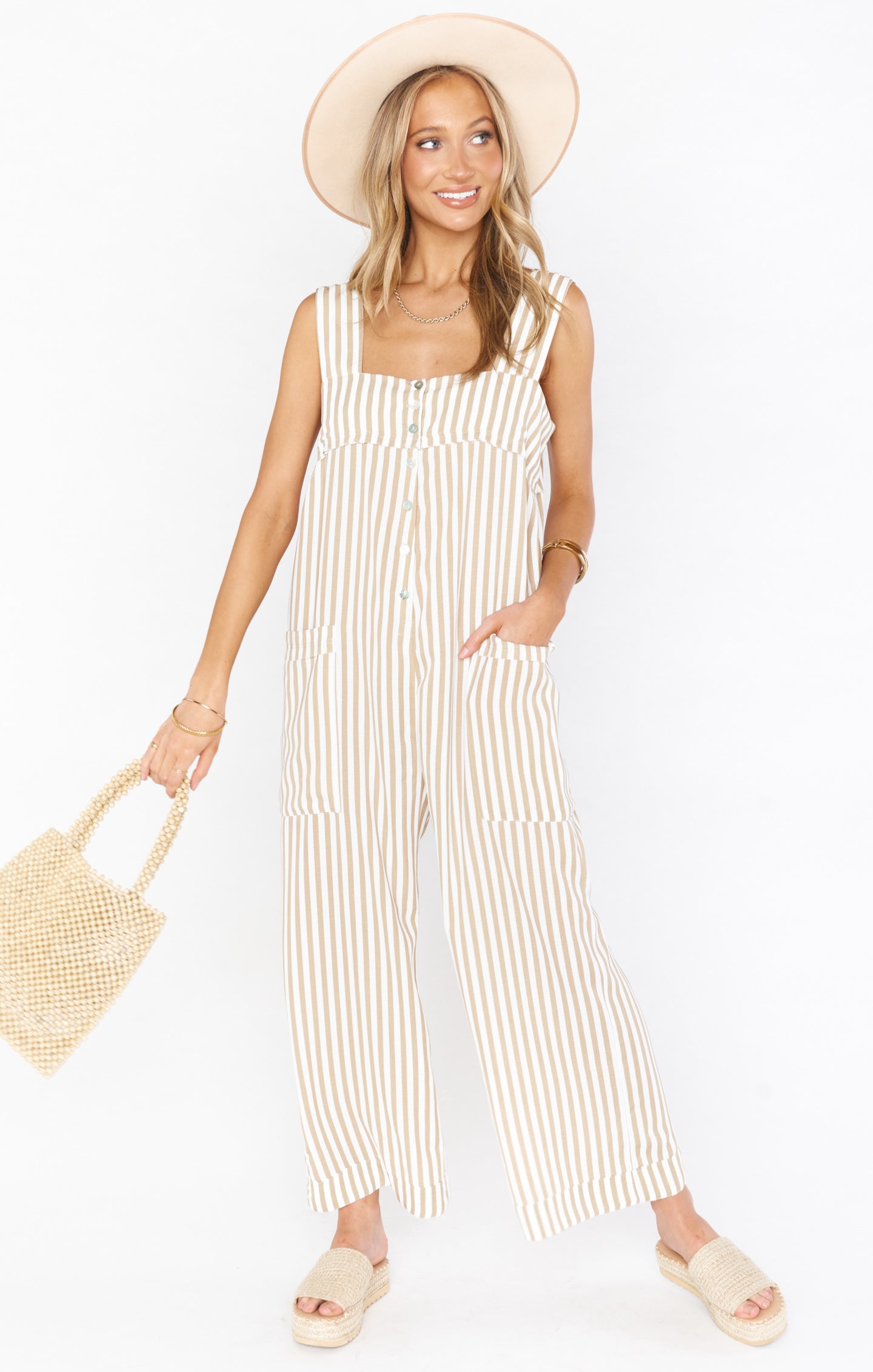 Beige Striped Jumpsuit for Women with Pockets | Everyday Wear