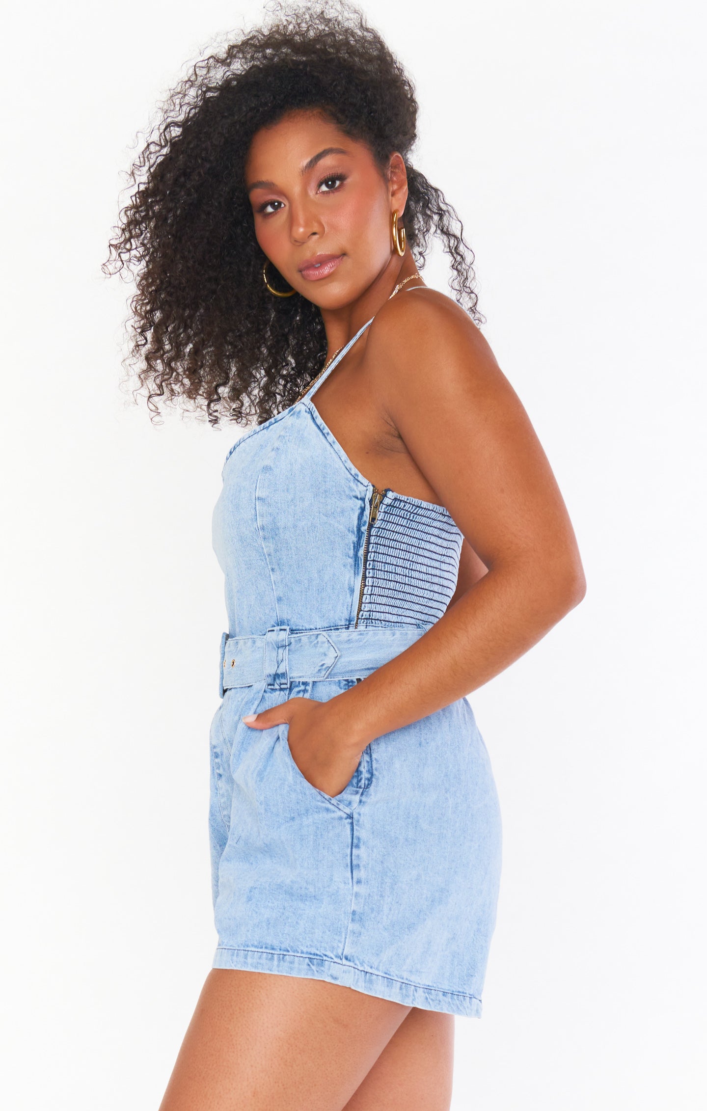Light Wash Denim Romper with Adjustable Straps & Smocked Back | Sloane by Seafolly