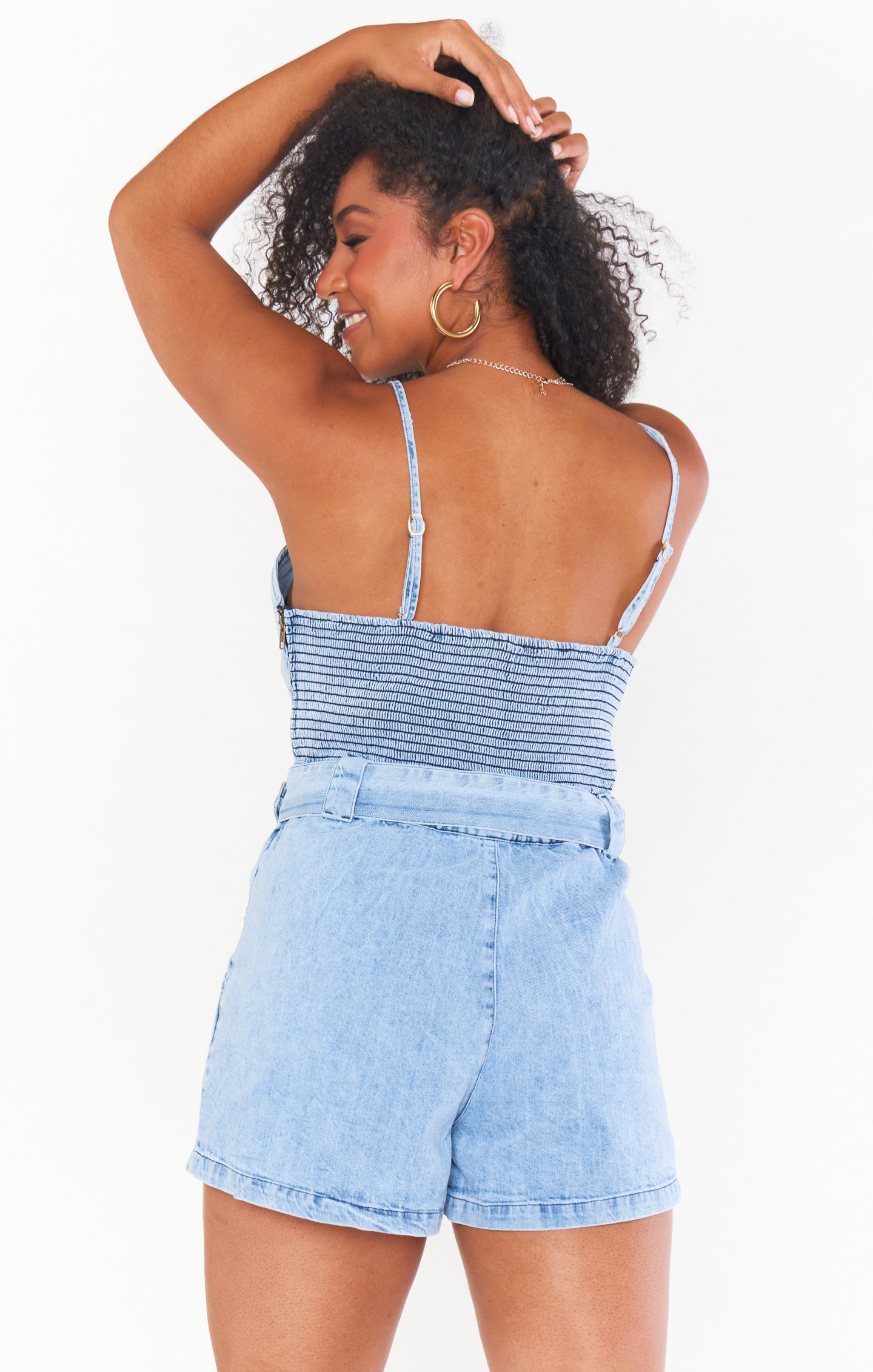 Light Wash Denim Romper with Adjustable Straps & Smocked Back | Sloane by Seafolly
