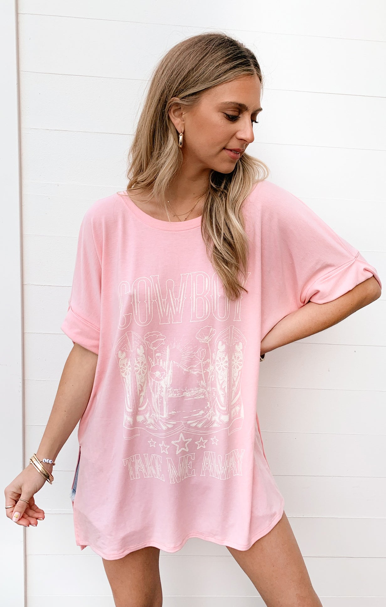 Oversized Pink Graphic Tee with Cowboy Design | Talia Tee