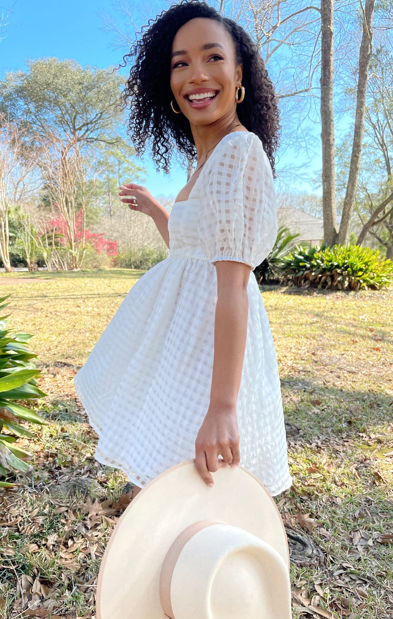 White Checkered Babydoll Dress with Square Neckline & Puff Sleeves | Smitten