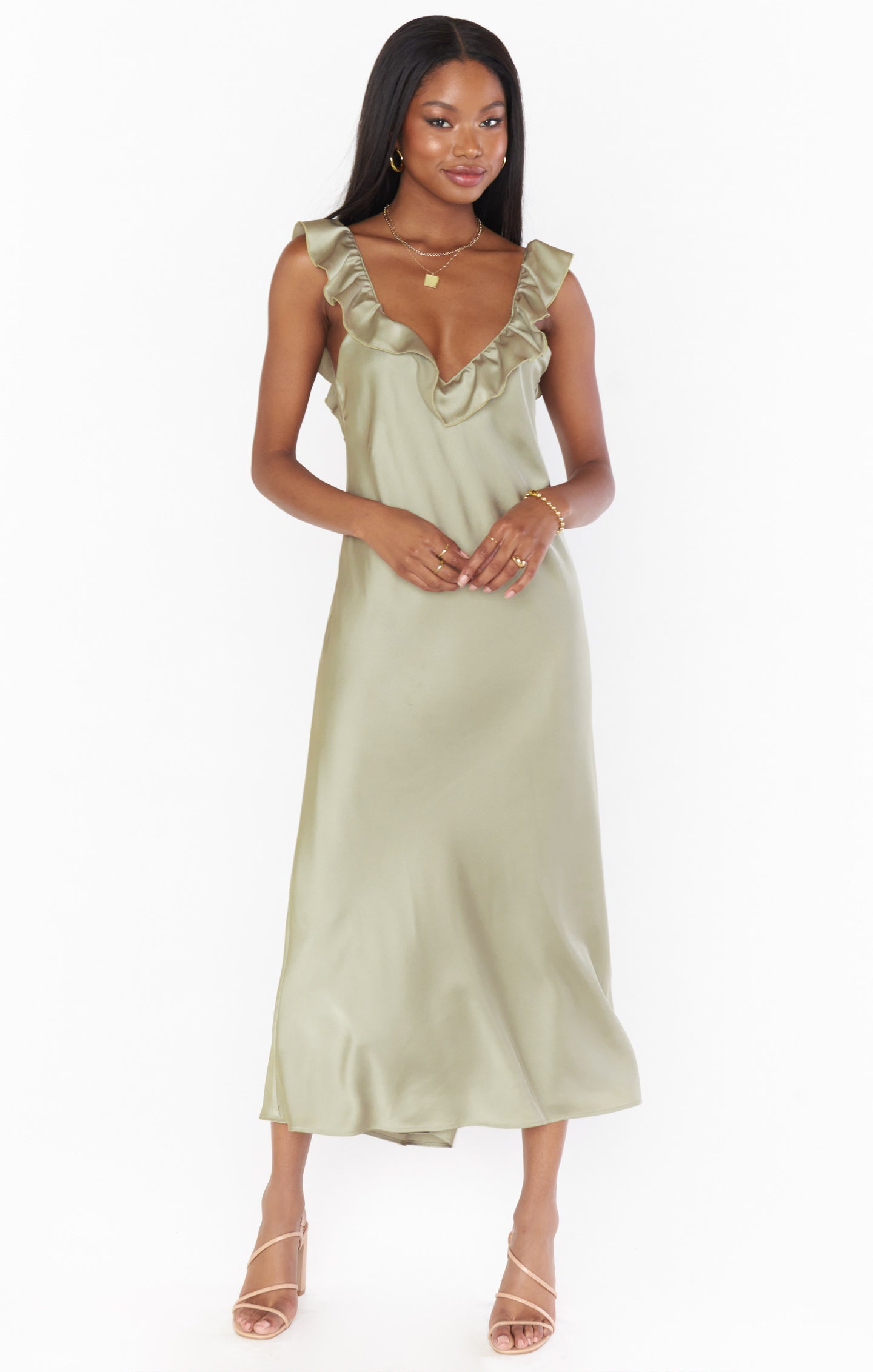 Luxury Satin Slip Dress with Ruffled Straps & Side Slit | Serene Moss Green