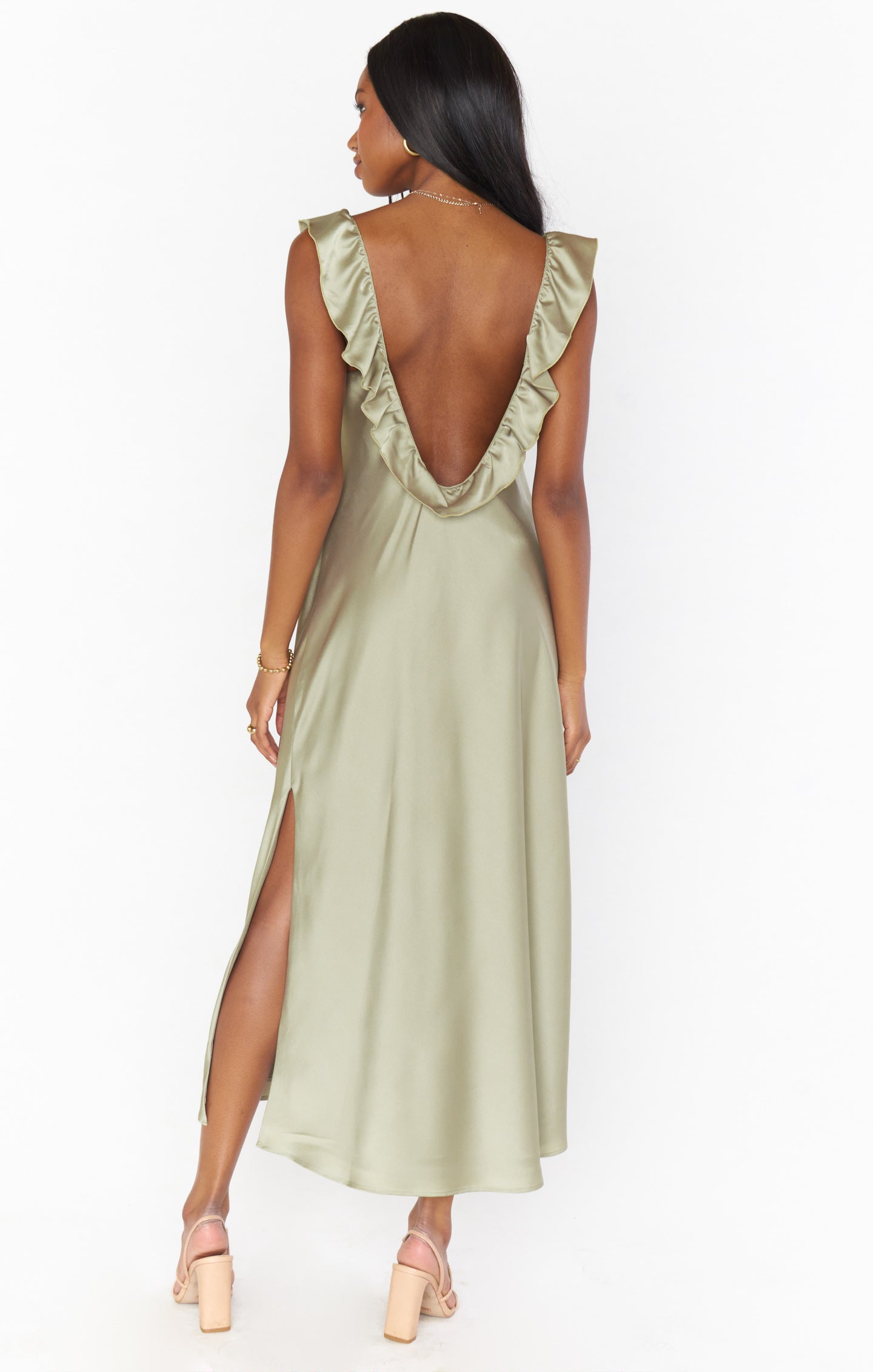 Luxury Satin Slip Dress with Ruffled Straps & Side Slit | Serene Moss Green