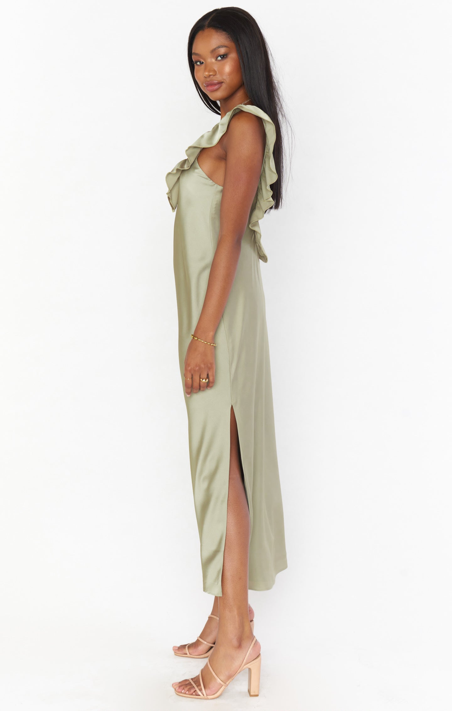 Luxury Satin Slip Dress with Ruffled Straps & Side Slit | Serene Moss Green