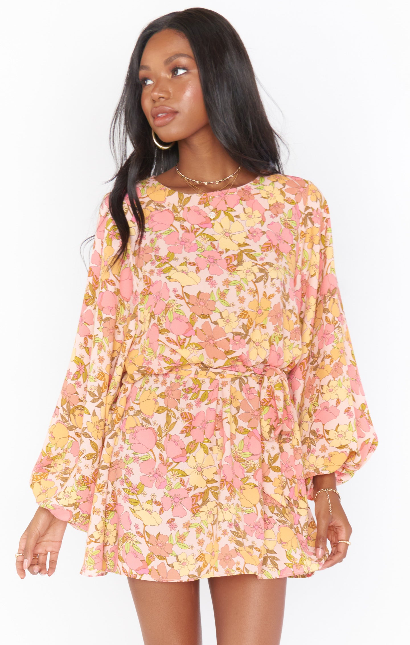 Floral Mini Dress with Bubble Sleeves & Waist Tie | Pretty Poppy