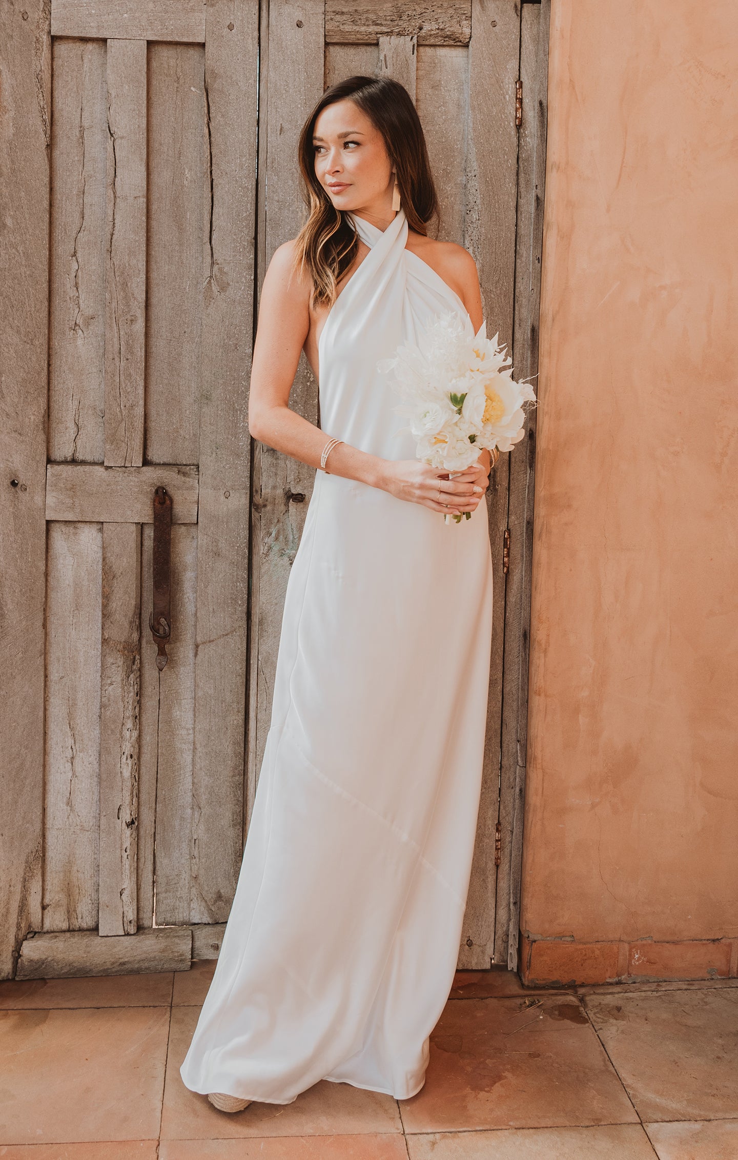 Jasmine Halter Maxi Dress in Ivory Luxe Satin | Elegant Open Back Gown