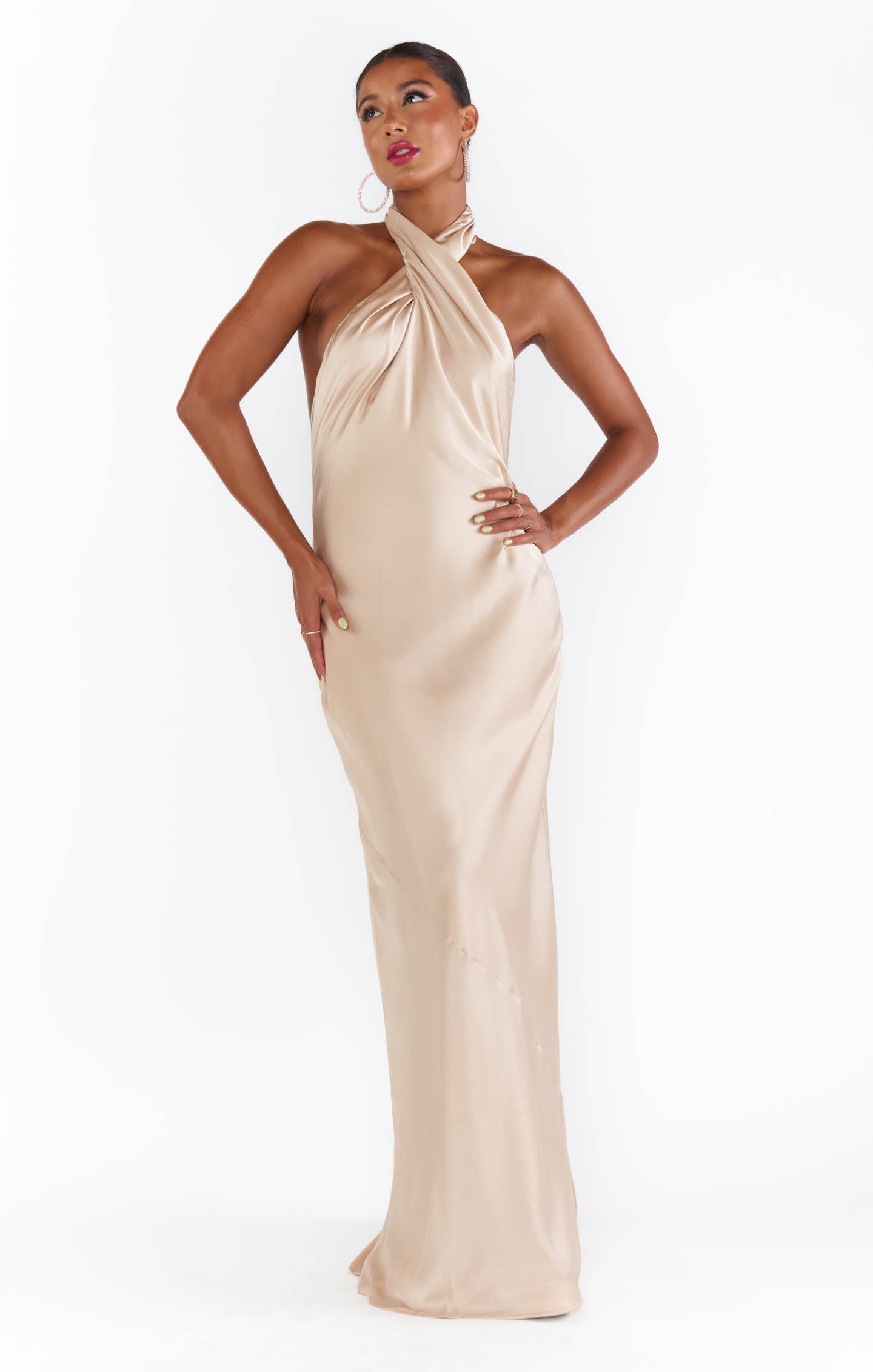 Champagne Satin Halter Maxi Dress with Open Back | Jasmine