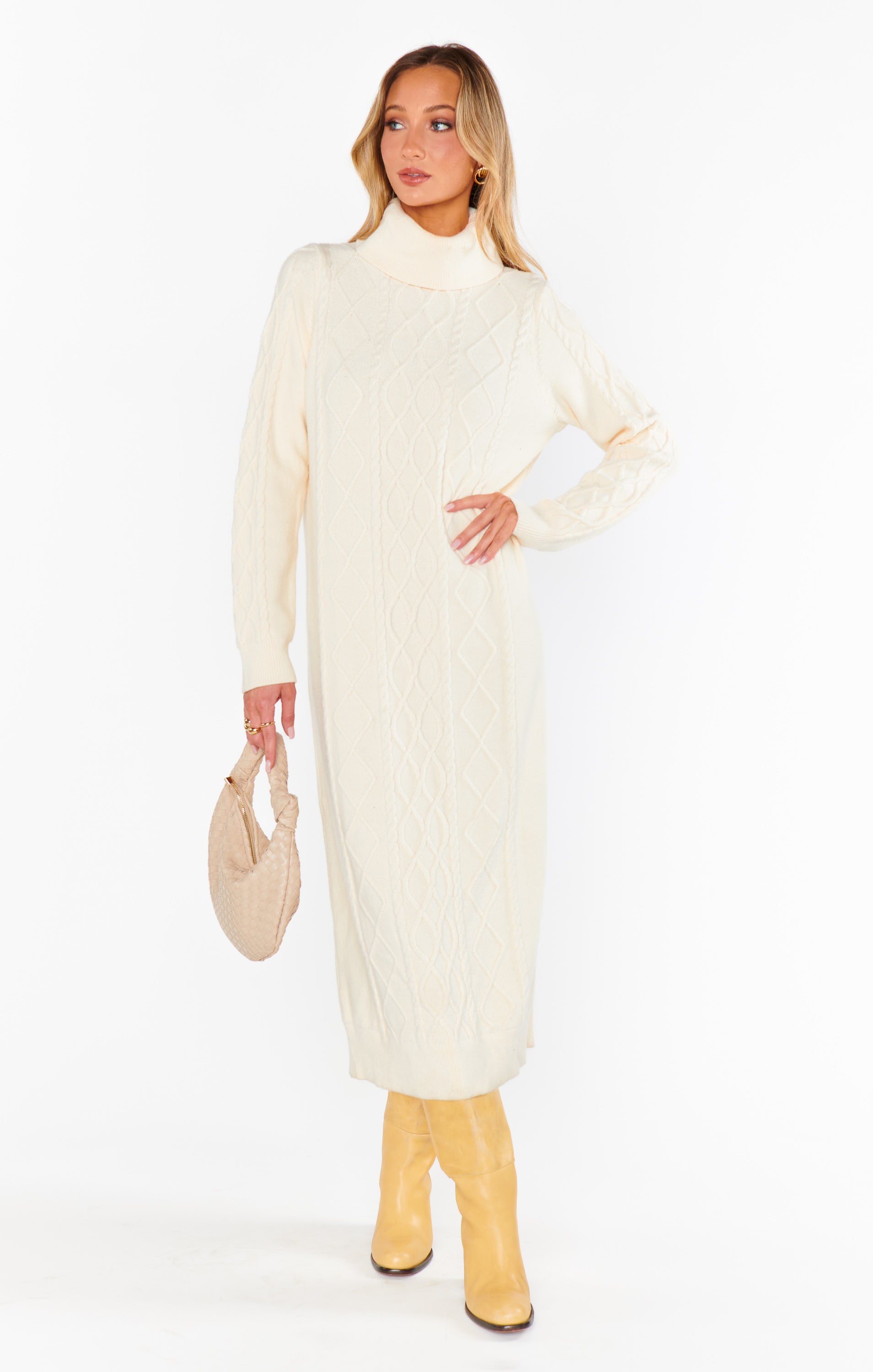 Cable Knit Midi Dress with Turtleneck & Drop Shoulders | Montreal