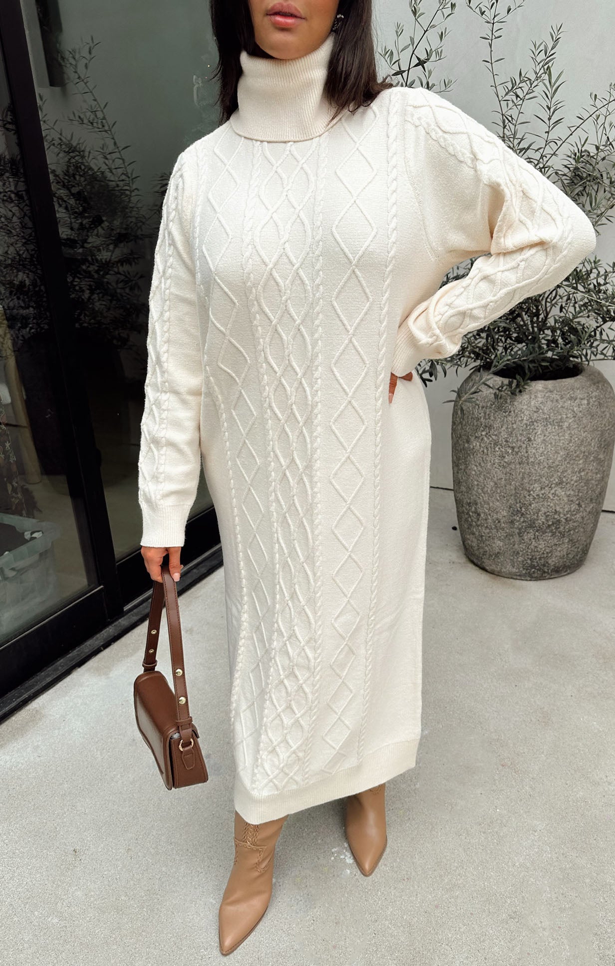 Cable Knit Midi Dress with Turtleneck & Drop Shoulders | Montreal