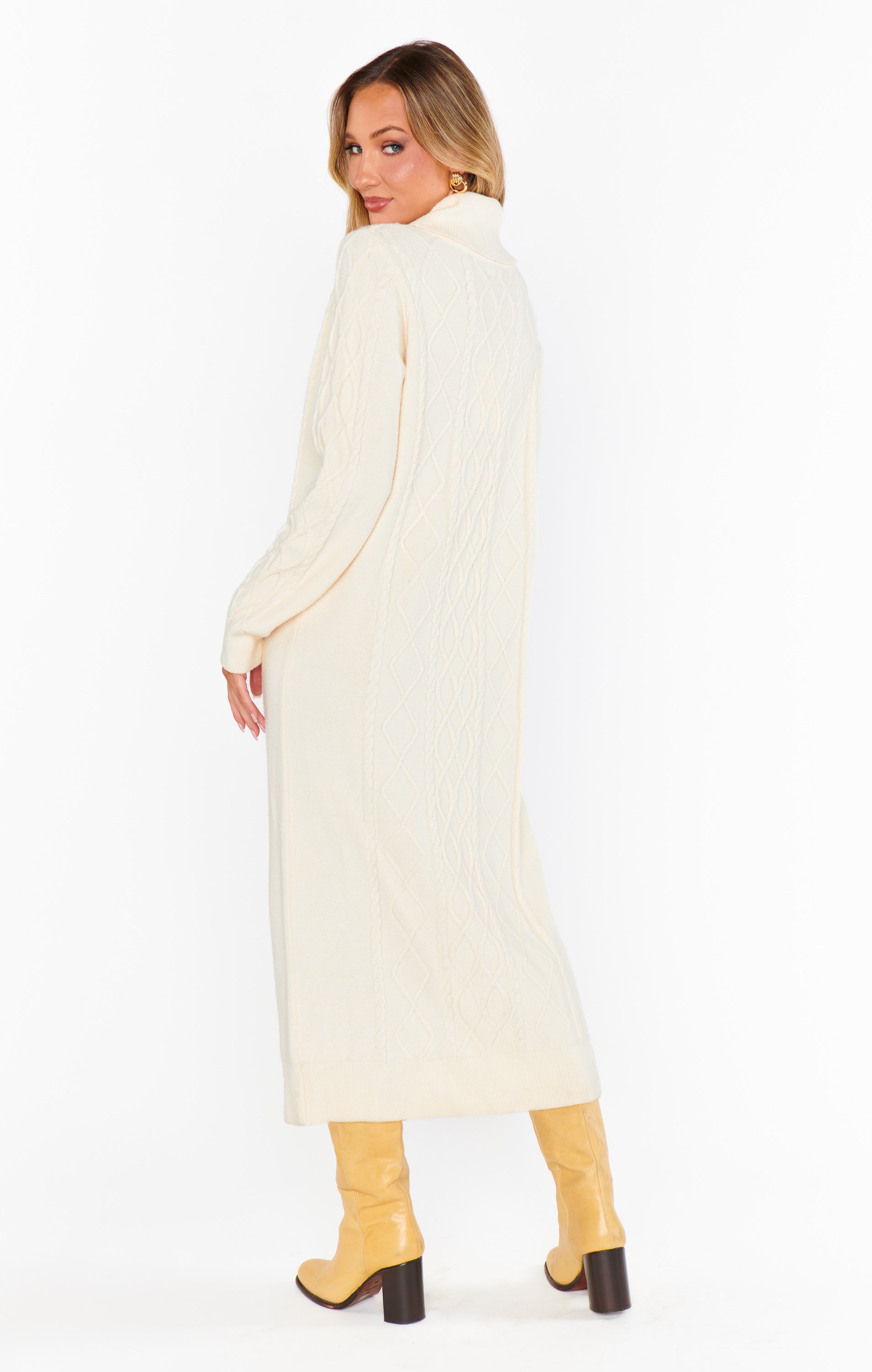Cable Knit Midi Dress with Turtleneck & Drop Shoulders | Montreal