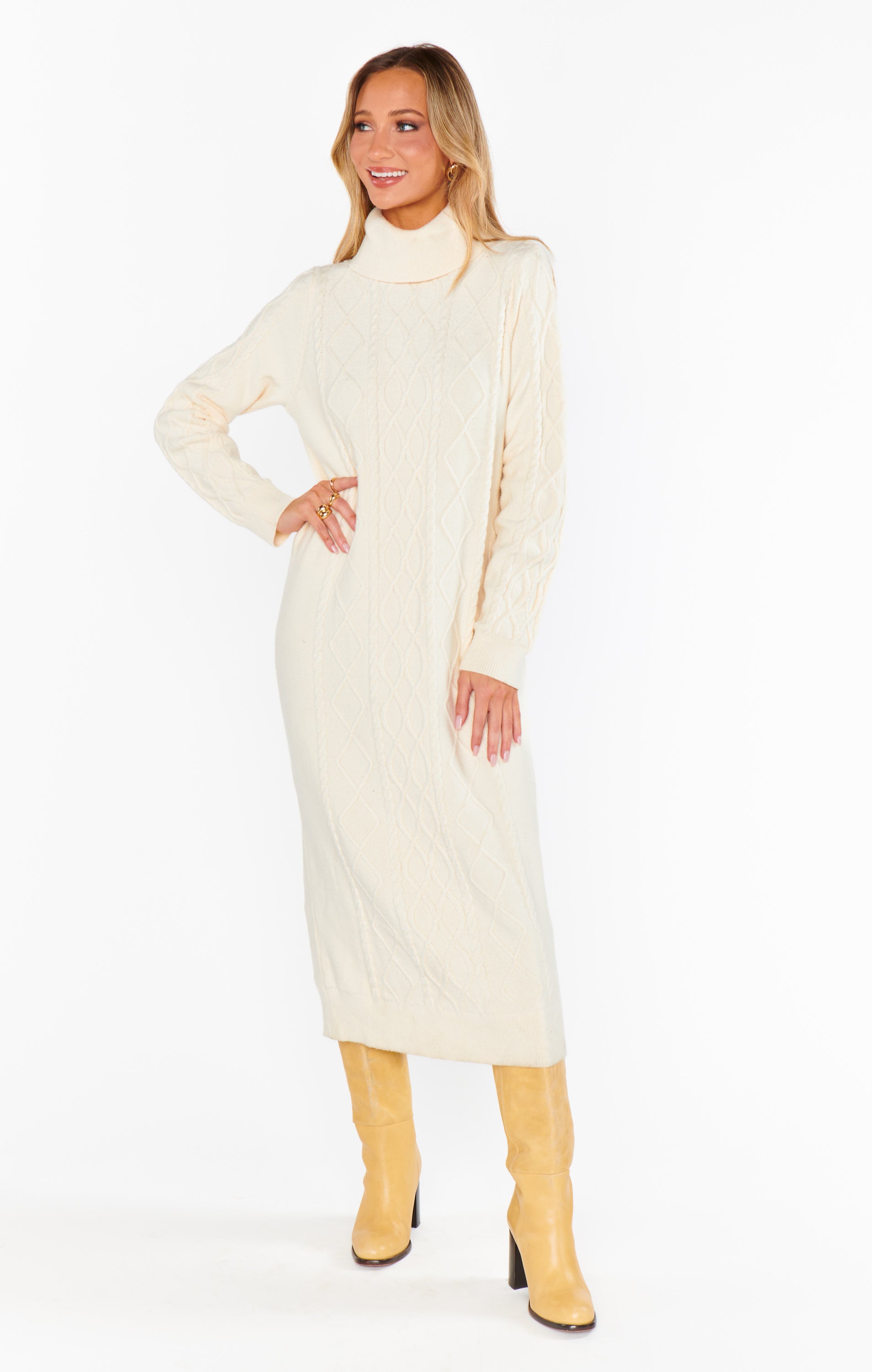 Cable Knit Midi Dress with Turtleneck & Drop Shoulders | Montreal