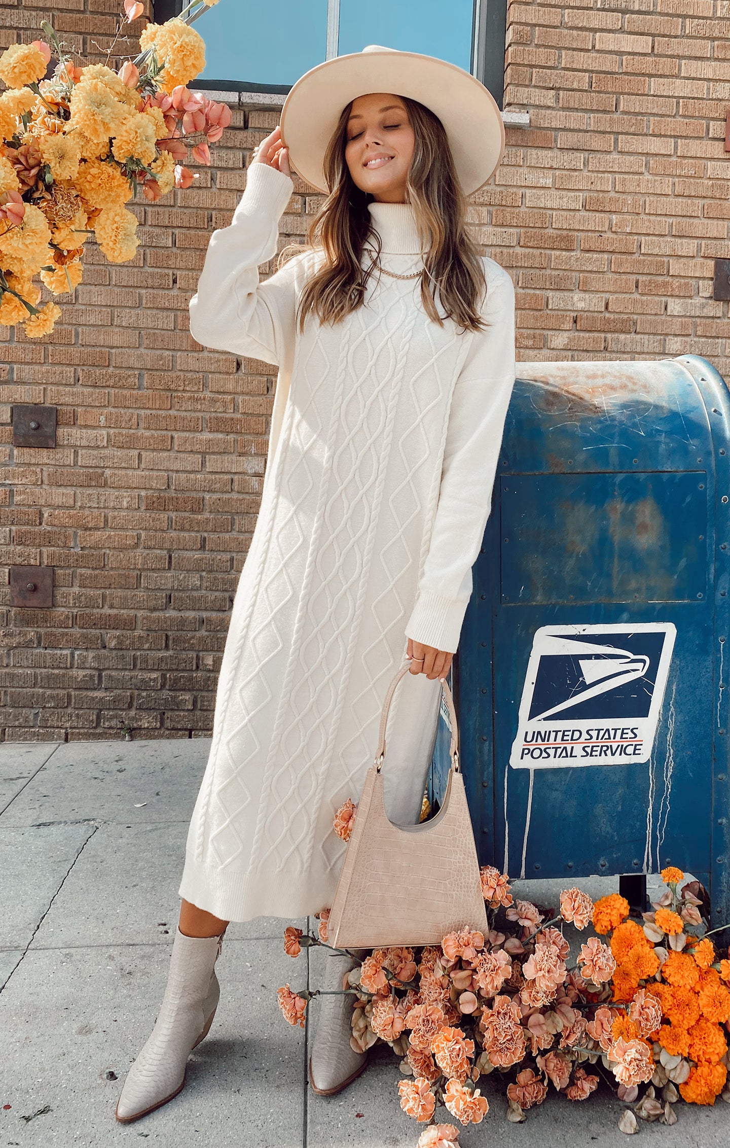 Cable Knit Midi Dress with Turtleneck & Drop Shoulders | Montreal