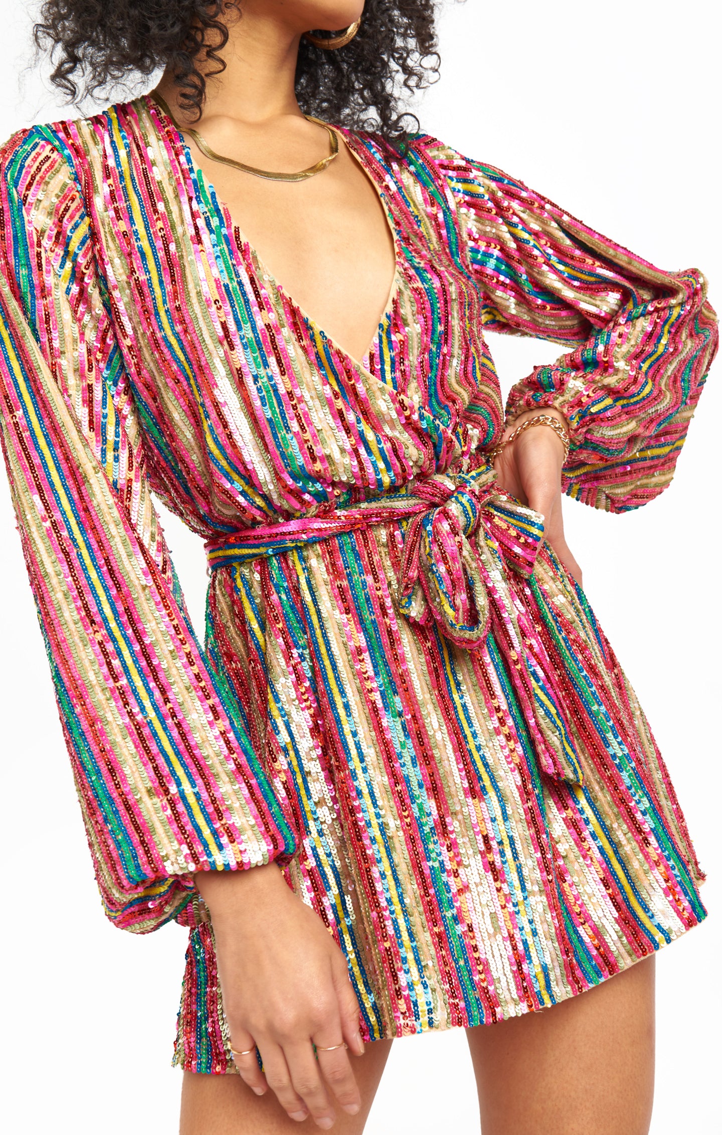 Rainbow Sequin Mini Dress with Elastic Waist & Bubble Sleeves | Wear Me Out