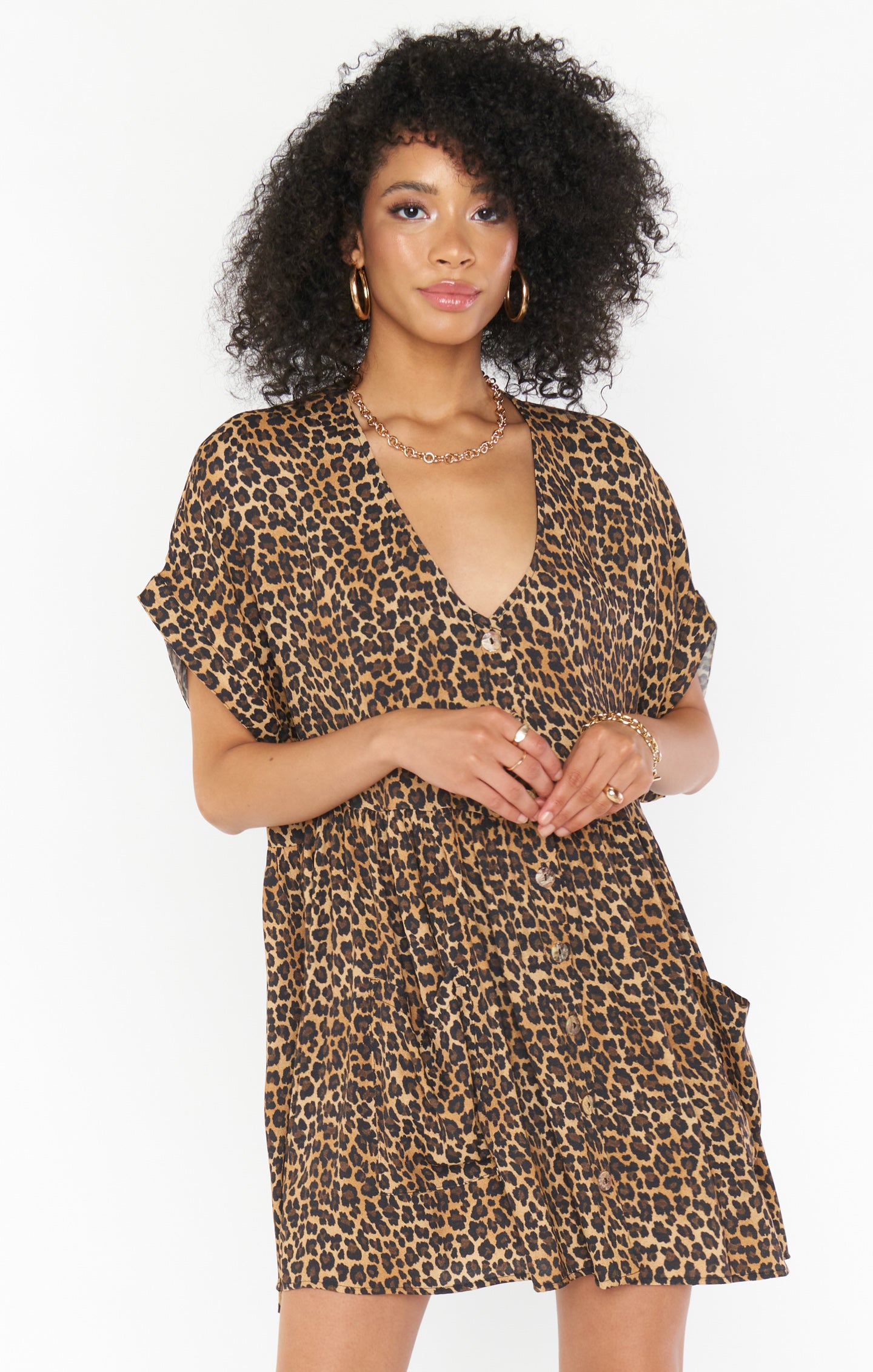 Cheetah Print Mini Dress with Front Pockets & Button Down | Odessa