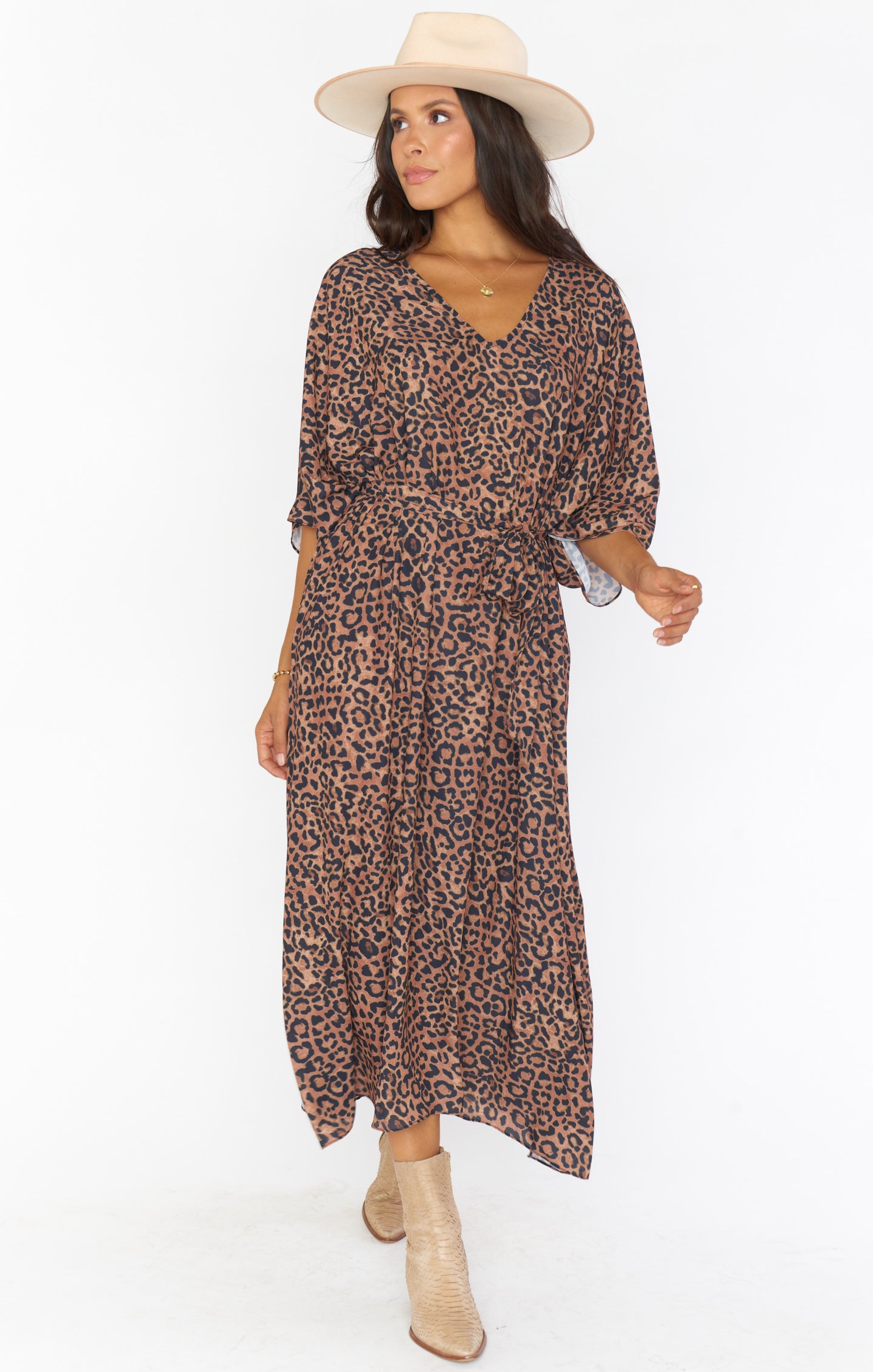 Cheetah Print Maxi Caftan Dress with Detachable Tie | Hana TruMu