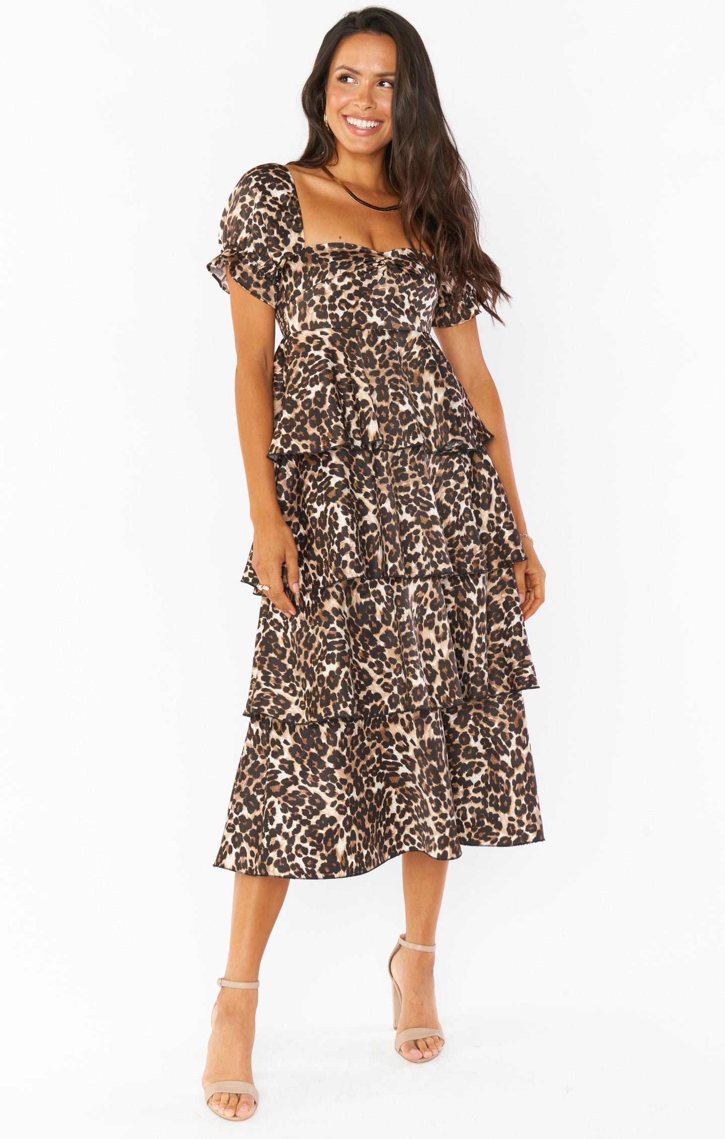 Ruffle Midi Dress with Puff Sleeves & Smocked Back | Charleston Leopard