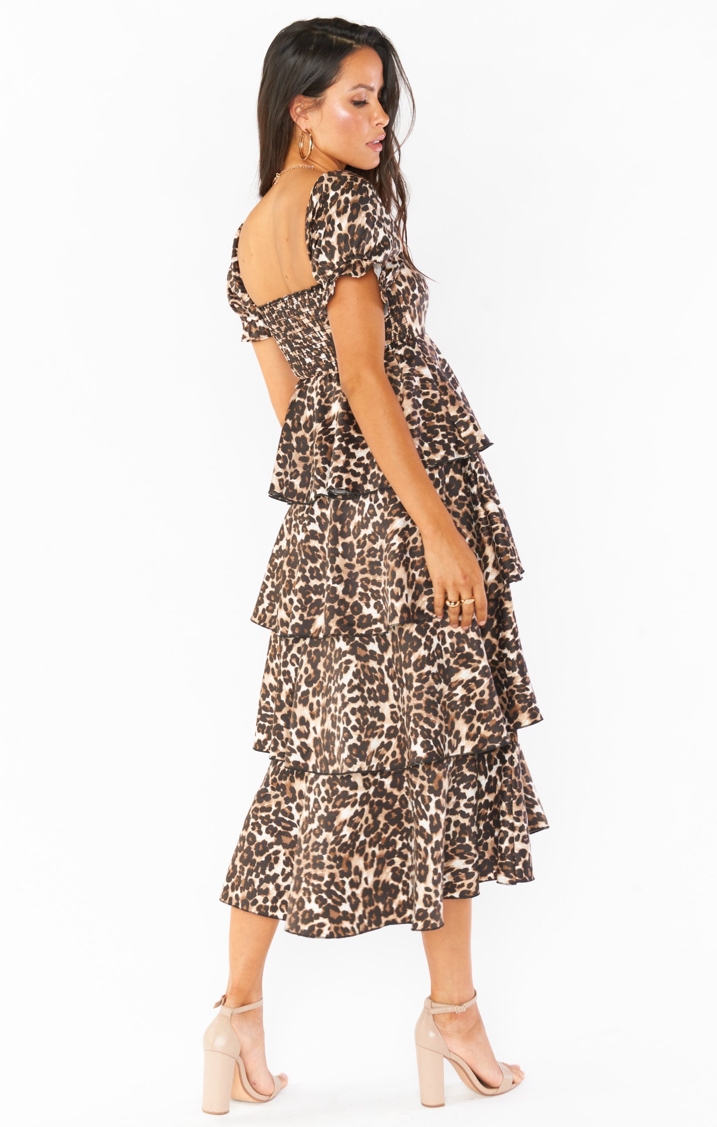 Ruffle Midi Dress with Puff Sleeves & Smocked Back | Charleston Leopard