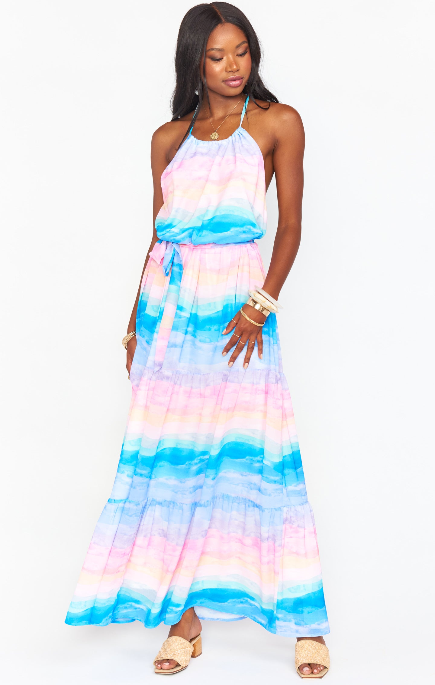 Pastel Watercolor Maxi Dress with Tiered Skirt & Halter Neck | MUmaid Waves