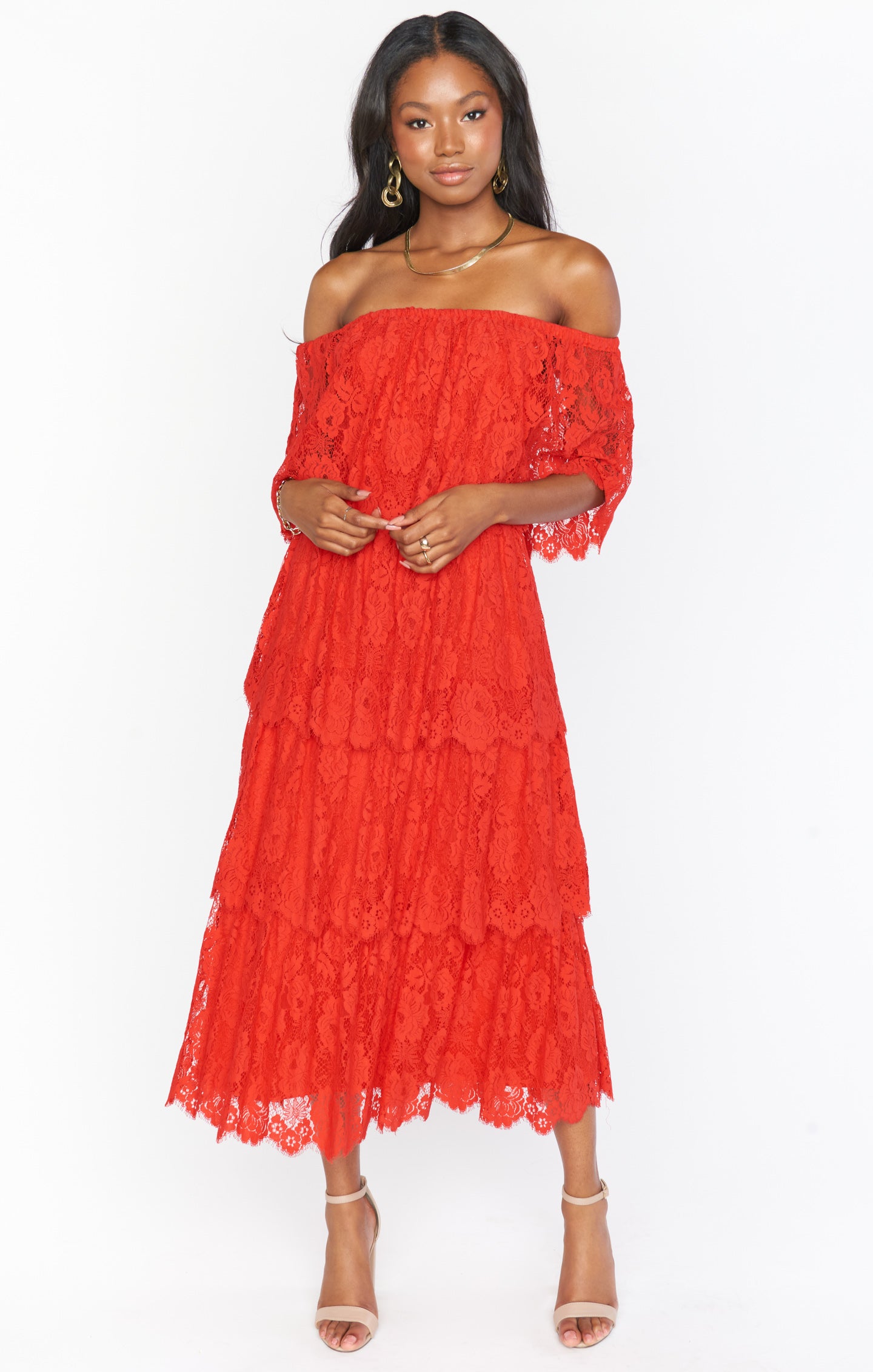 Red Lace Midi Dress | Off-Shoulder & Strapless | Lana