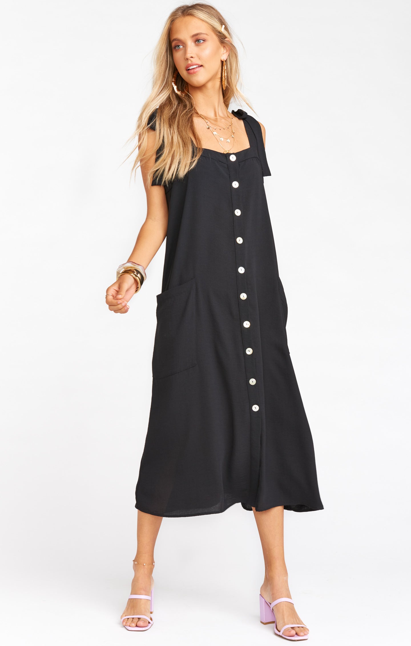 Black Oversized Midi Dress with Tie Straps & Pockets | Lucas