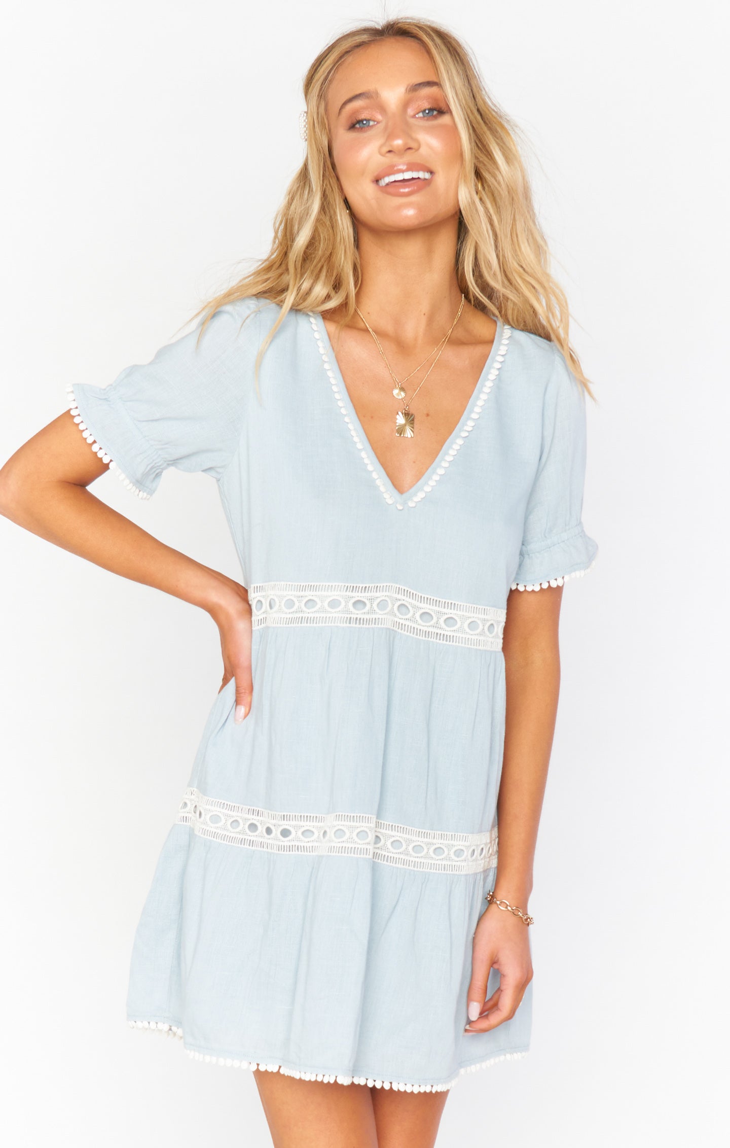 Sky Blue Cotton Mini Dress with Puffed Sleeves | Hera