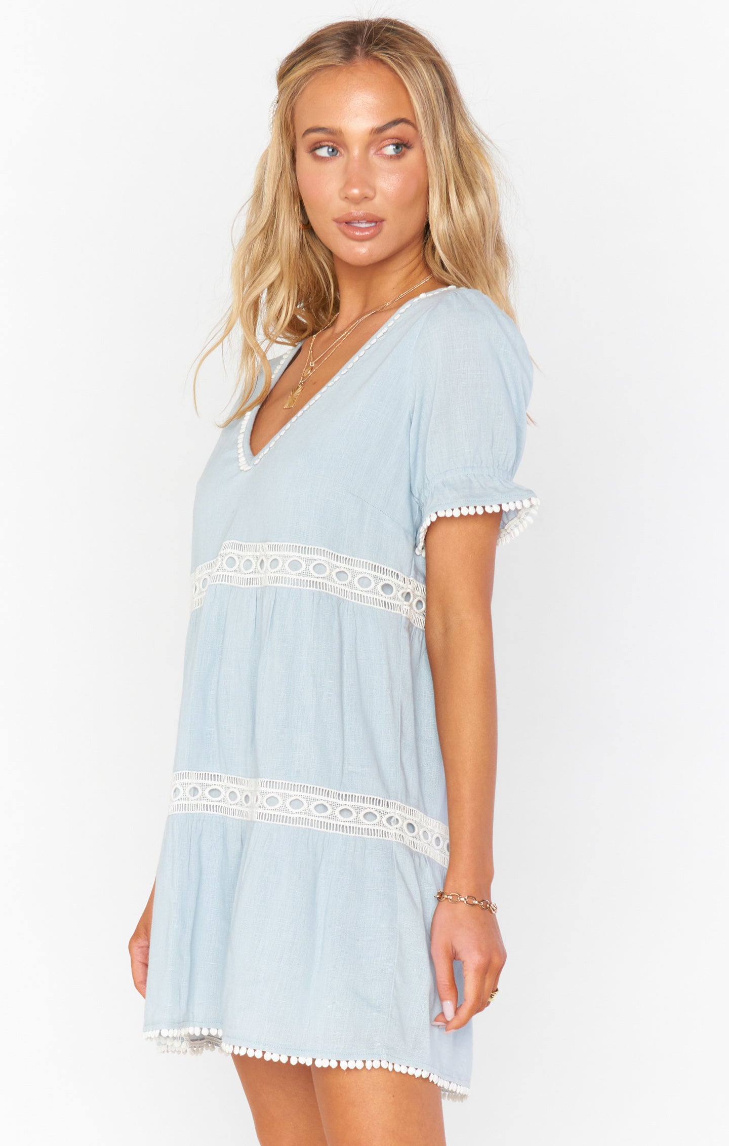 Sky Blue Cotton Mini Dress with Puffed Sleeves | Hera