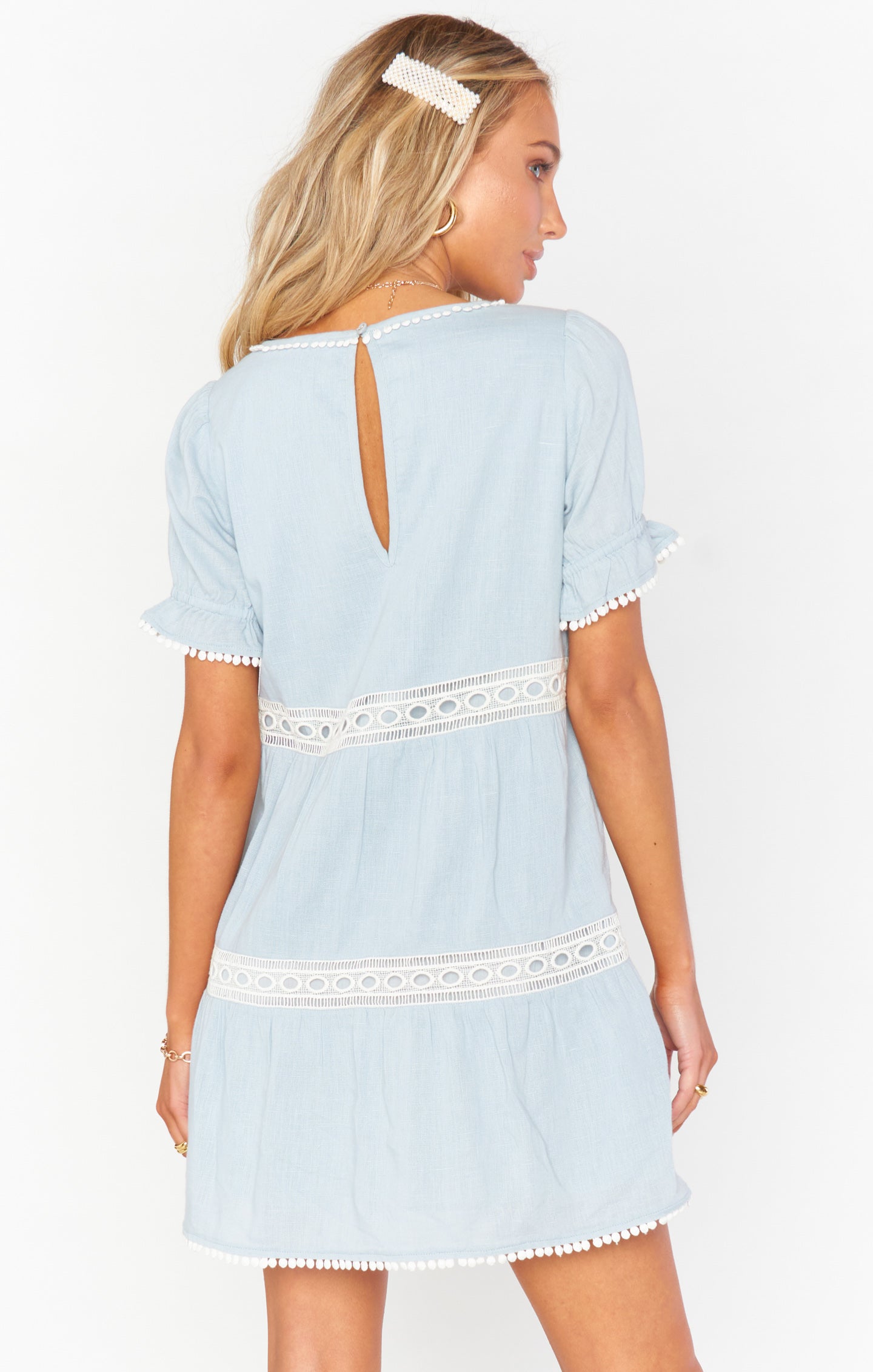 Sky Blue Cotton Mini Dress with Puffed Sleeves | Hera