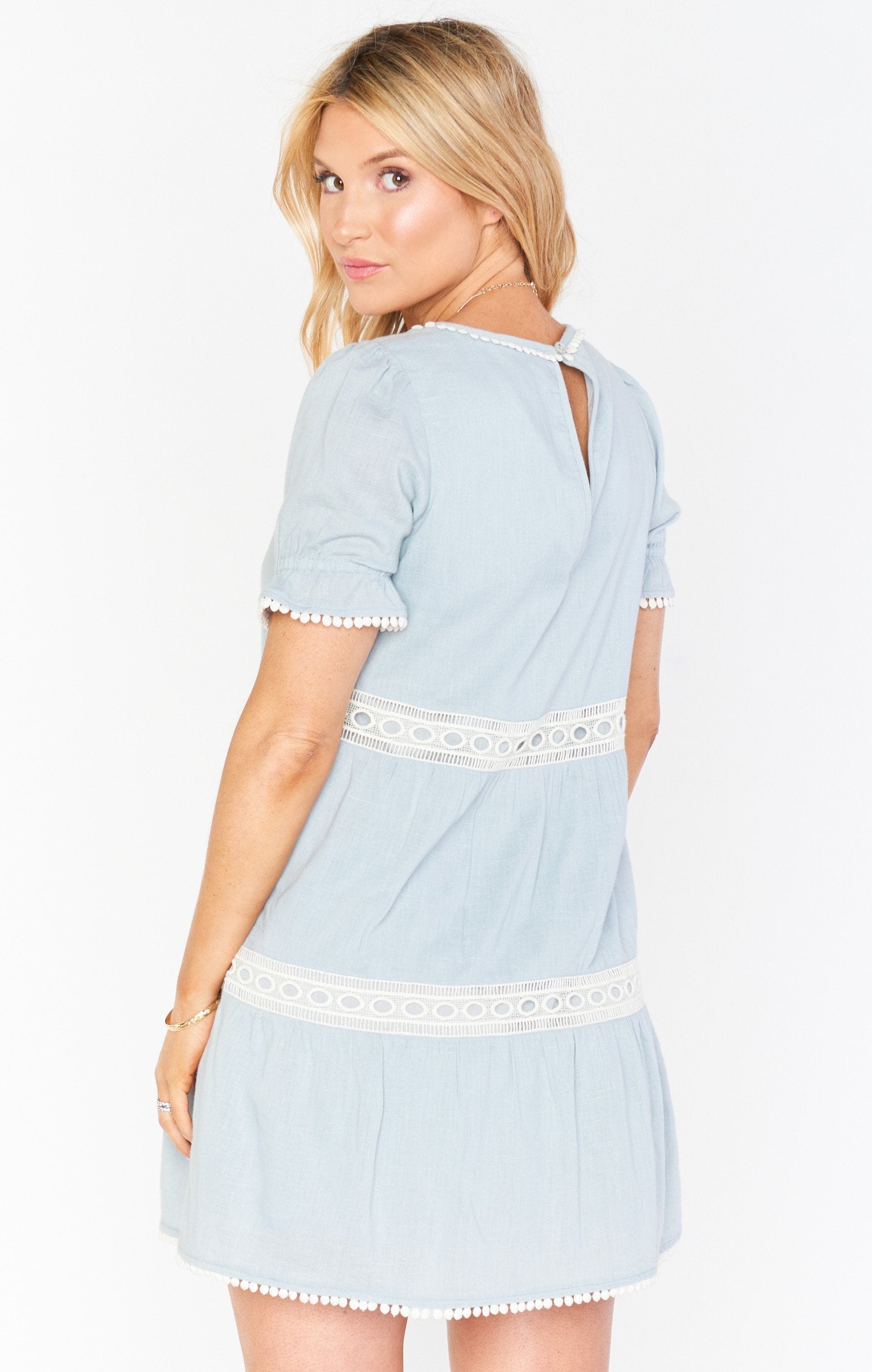 Sky Blue Cotton Mini Dress with Puffed Sleeves | Hera