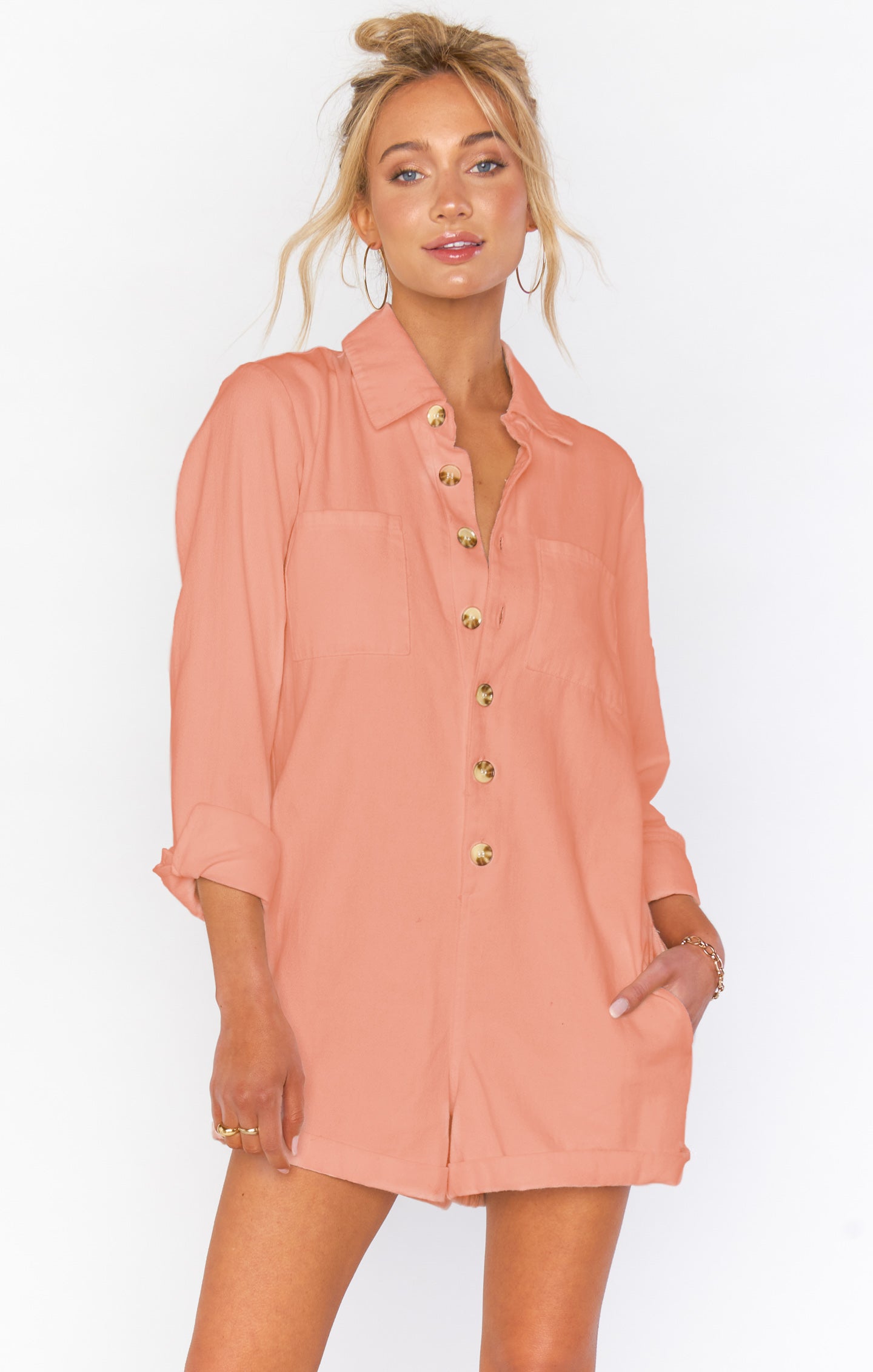 Dusty Coral Denim Romper with Roll-Up Shorts | Tegan Jumper