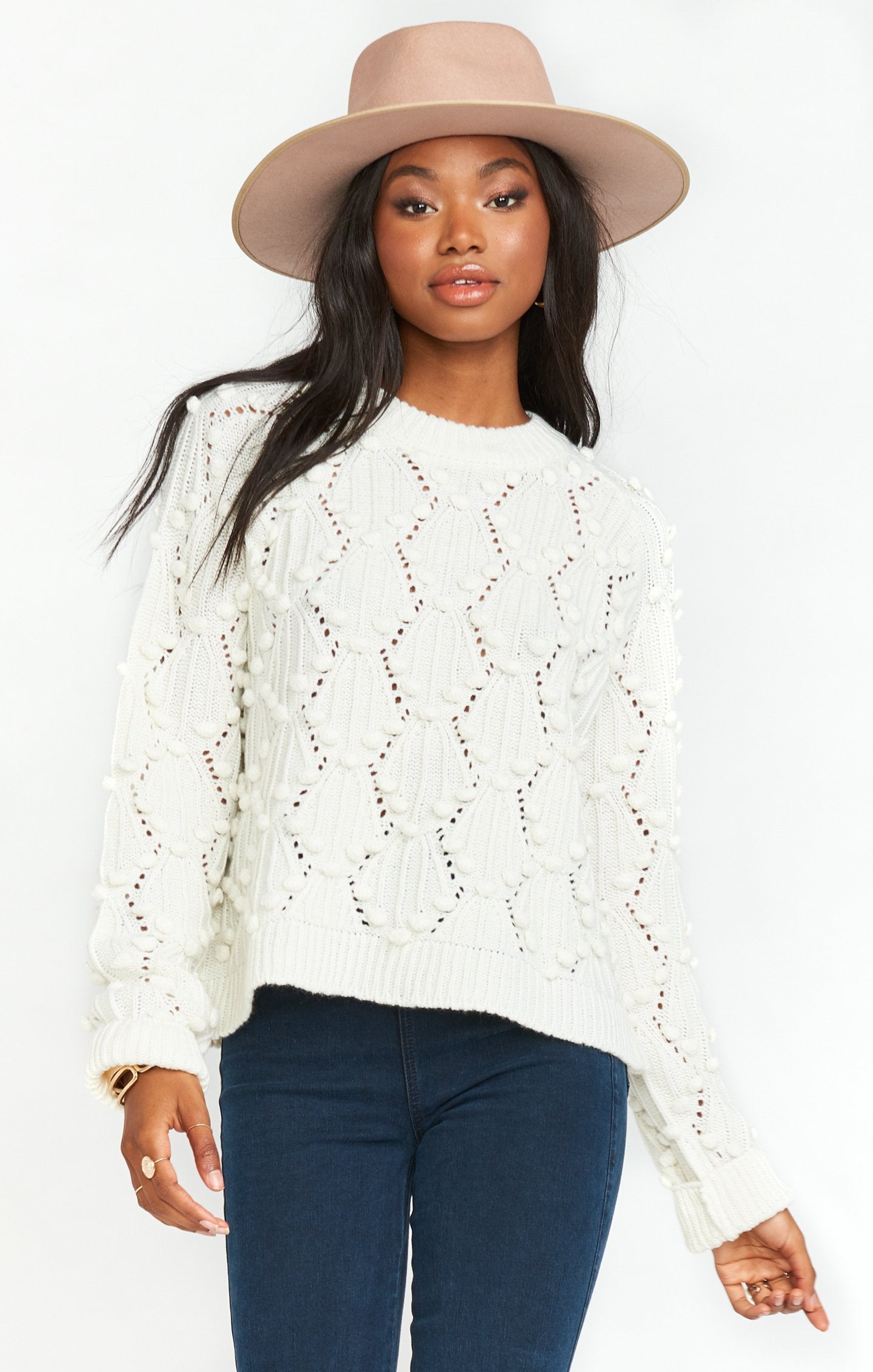 Cream Knit Sweater with Pom Pom Details | Sausalito