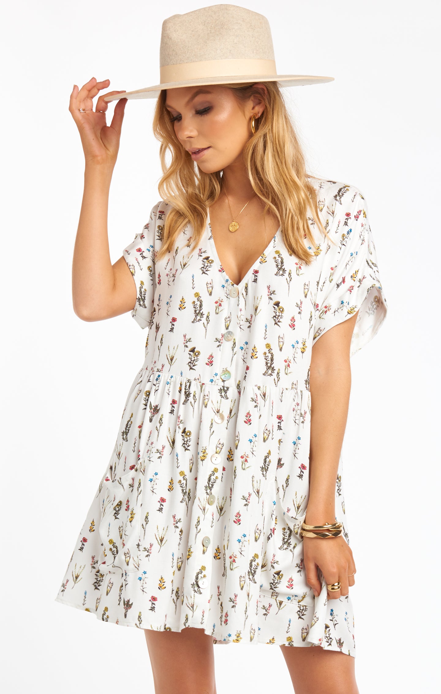 Floral Mini Dress with Front Pockets & Button Down | Odessa