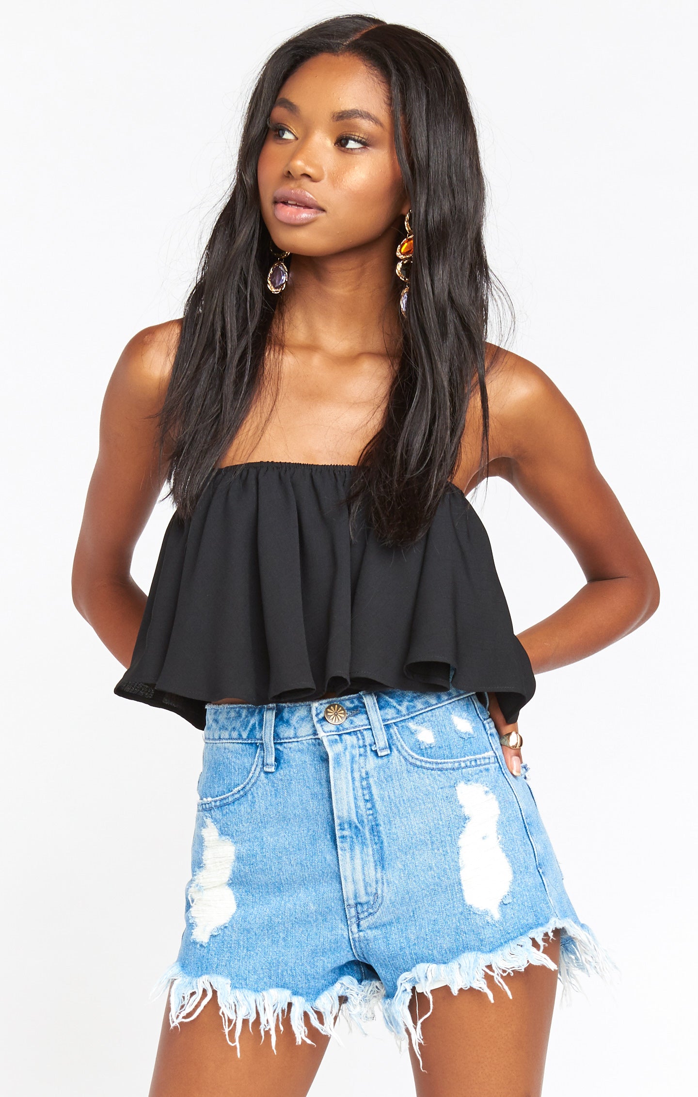 Flowy Ruffle Crop Top for Women | Heidi Black