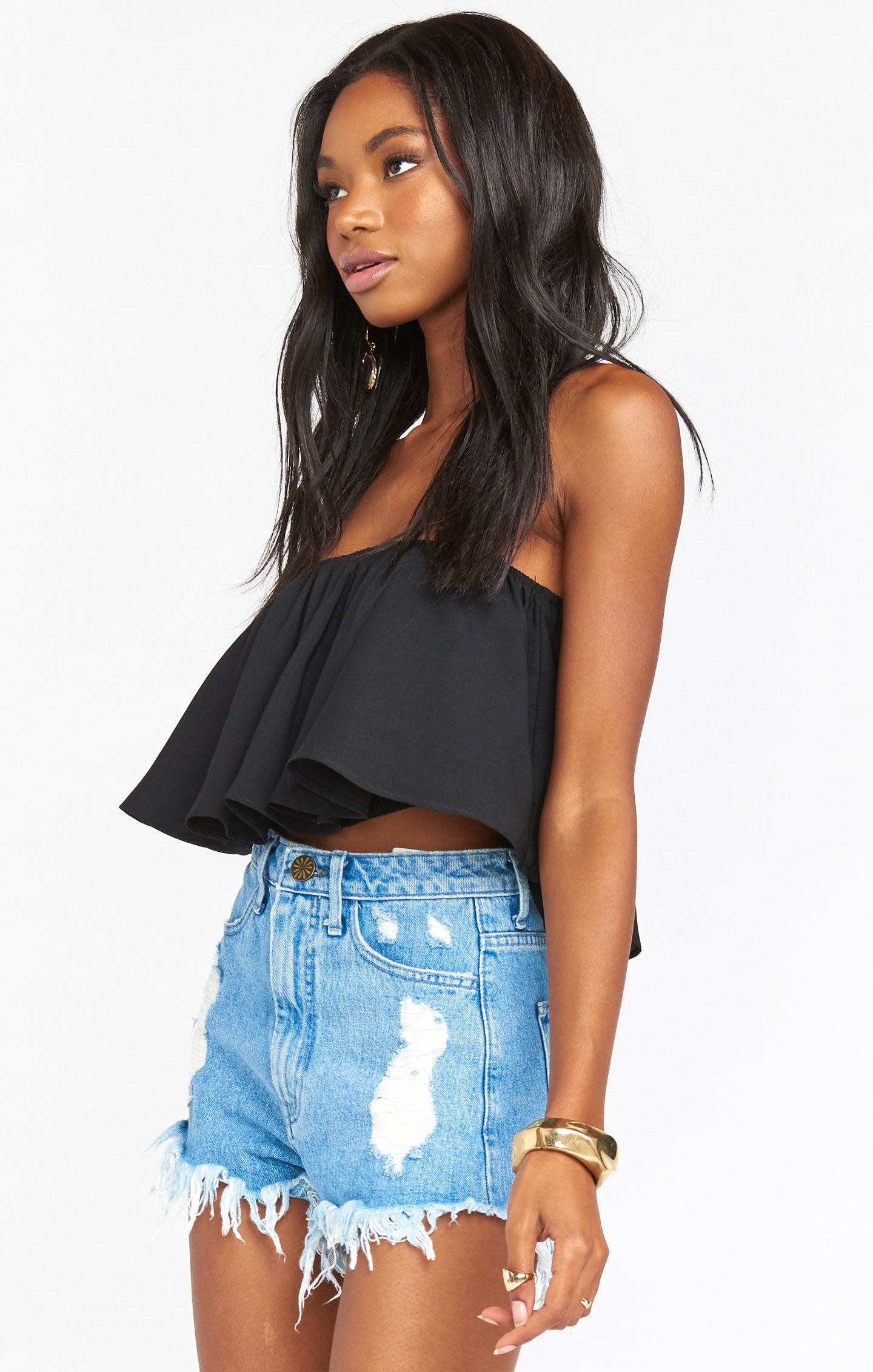 Flowy Ruffle Crop Top for Women | Heidi Black