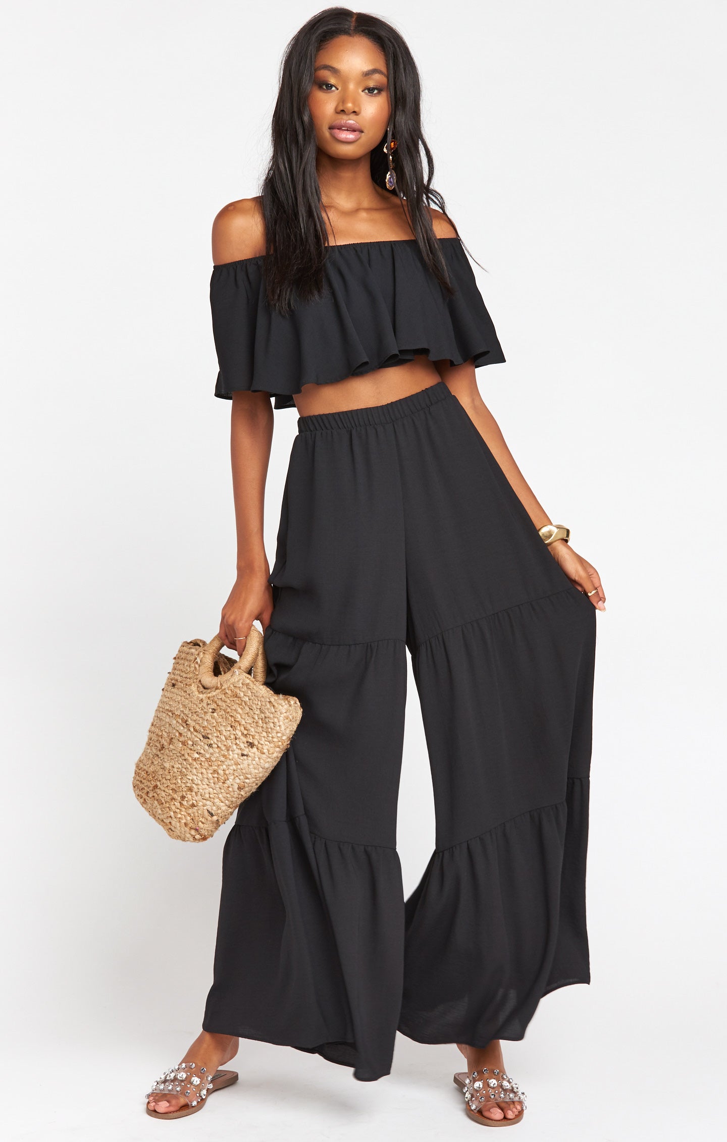 Flowy Ruffle Crop Top for Women | Heidi Black