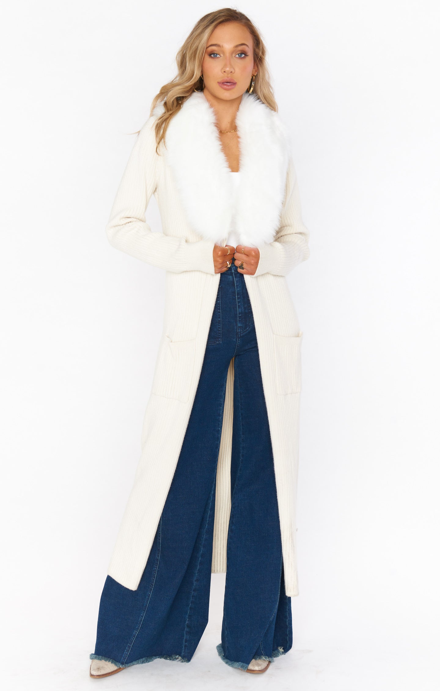 Long Faux Fur Cardigan with Collar | Lombardi Snowy White Knit