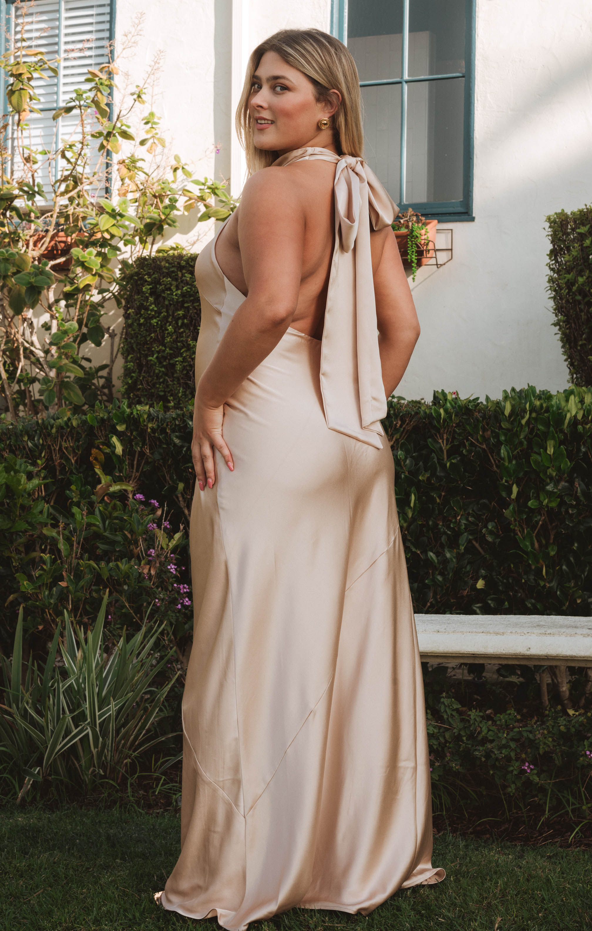 Chic Halter Neck Maxi Dress for Weddings & Events | Lisa Champagne Luxe