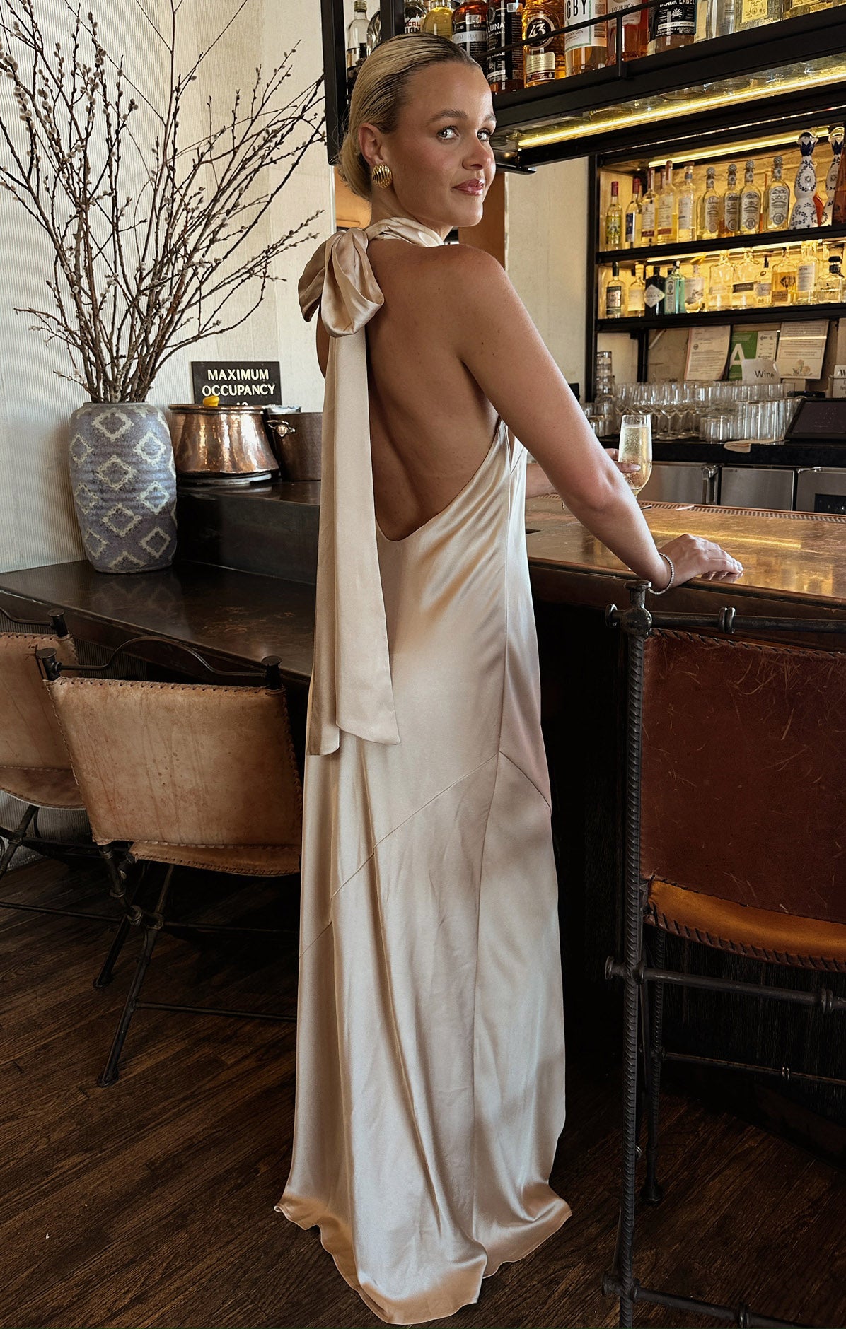 Chic Halter Neck Maxi Dress for Weddings & Events | Lisa Champagne Luxe
