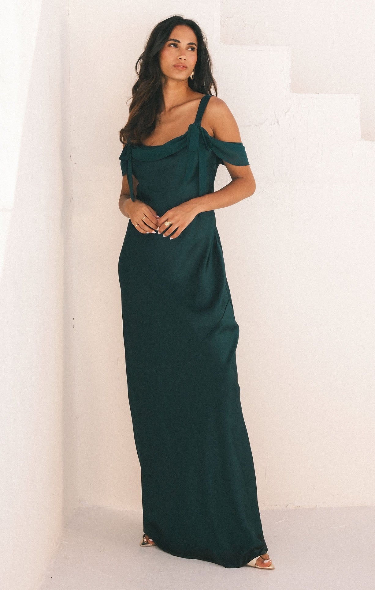 Bella Maxi Dress with Adjustable Straps & Chiffon Neckline | Deep Emerald Satin