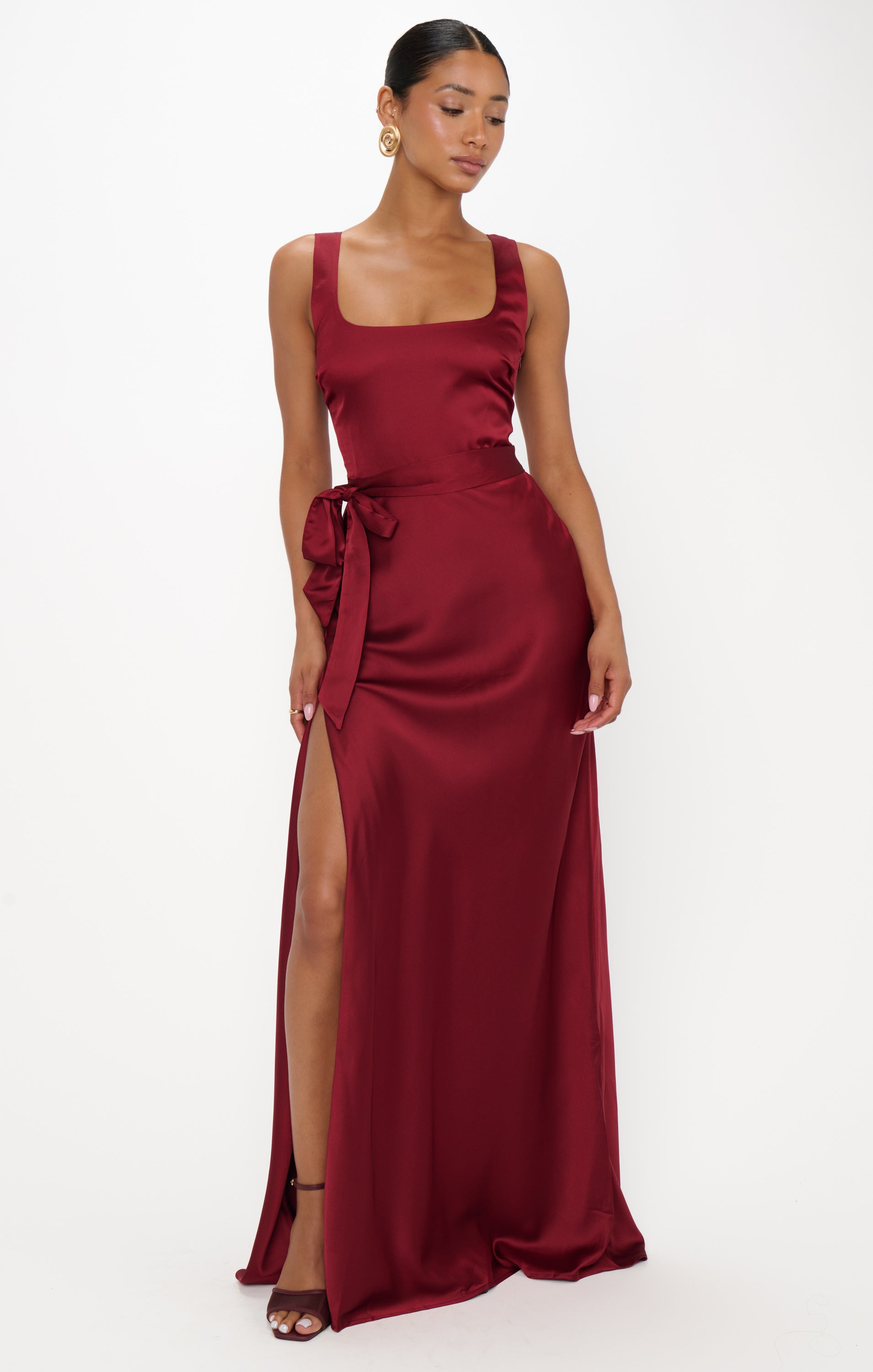 Cranberry Satin Maxi Dress with Detachable Waist Sash | Lana