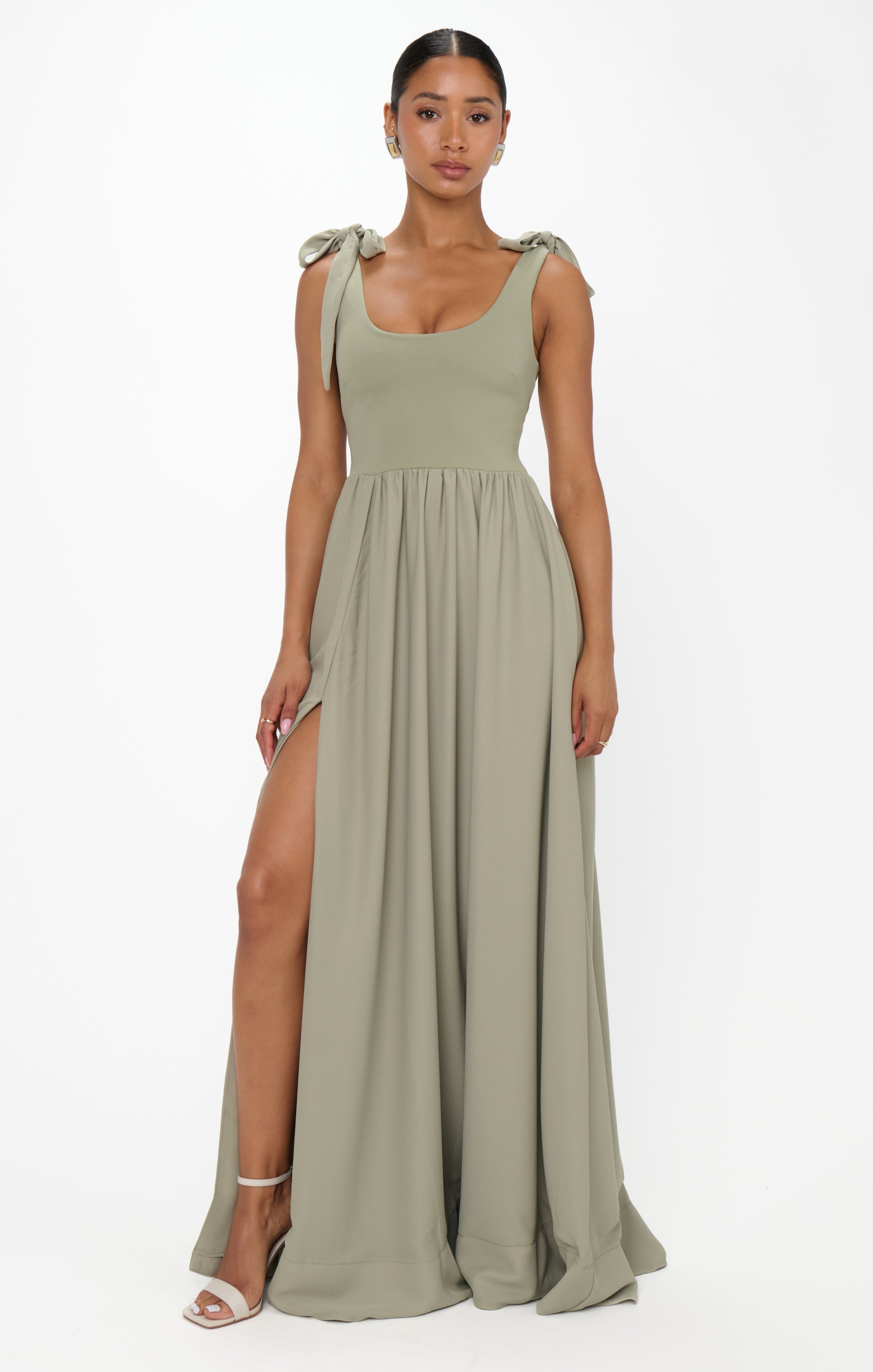 Flattering Maxi Dress with Detachable Bows & Side Slit | Harper