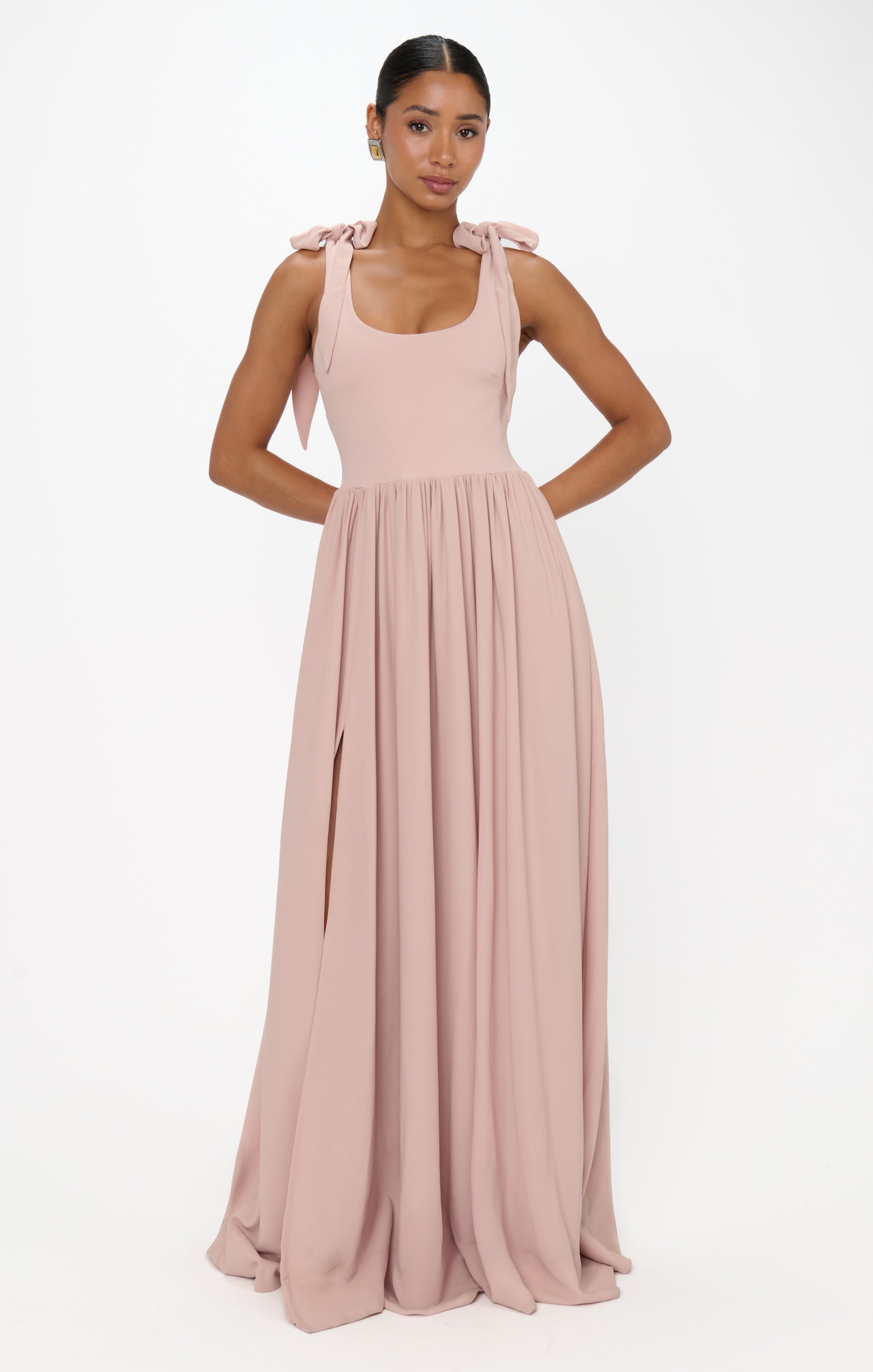 Flattering Maxi Dress with Detachable Bows & Side Slit | Harper