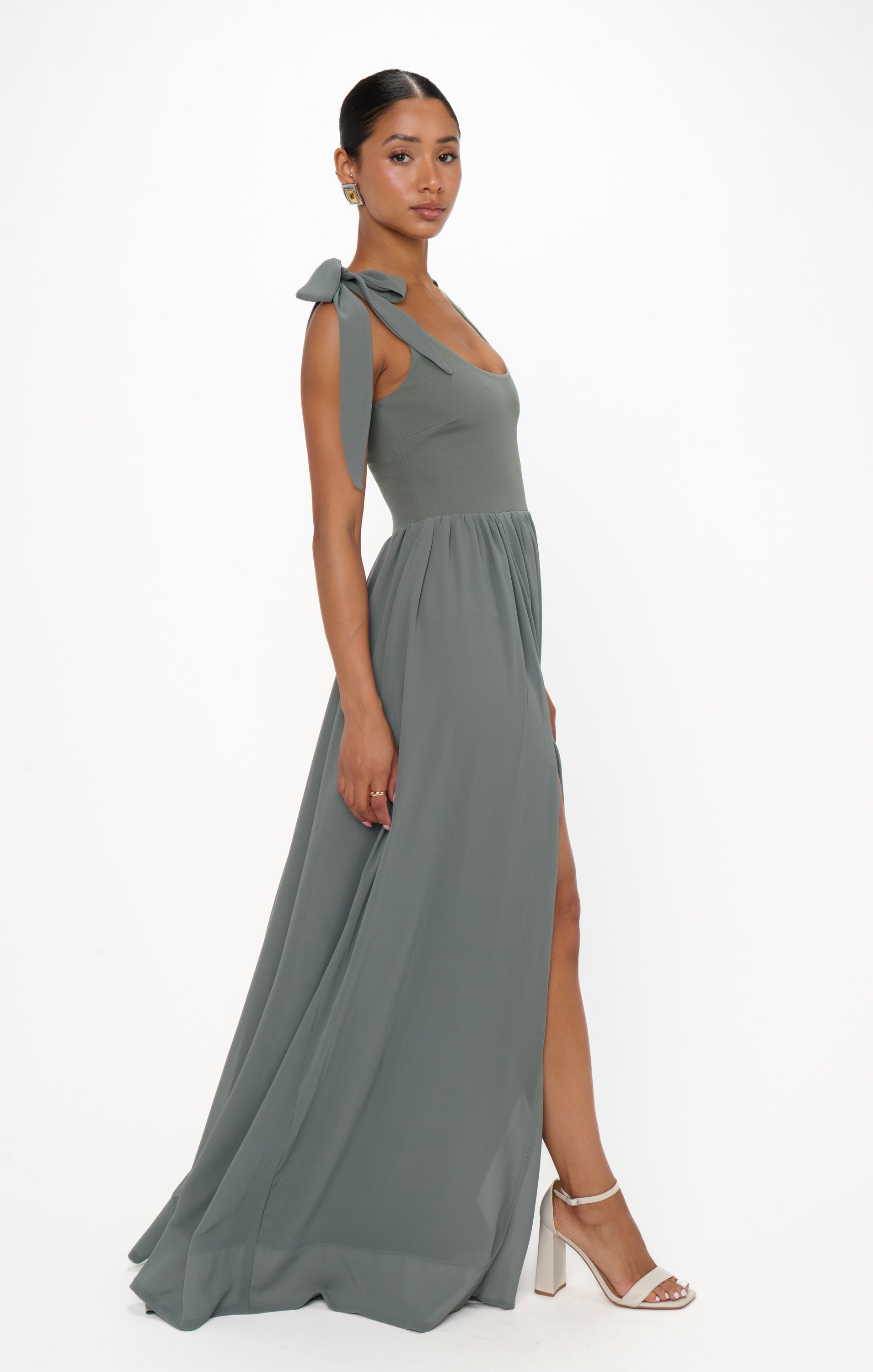 Flattering Deep Sage Chiffon Maxi Dress with Detachable Bows | Harper
