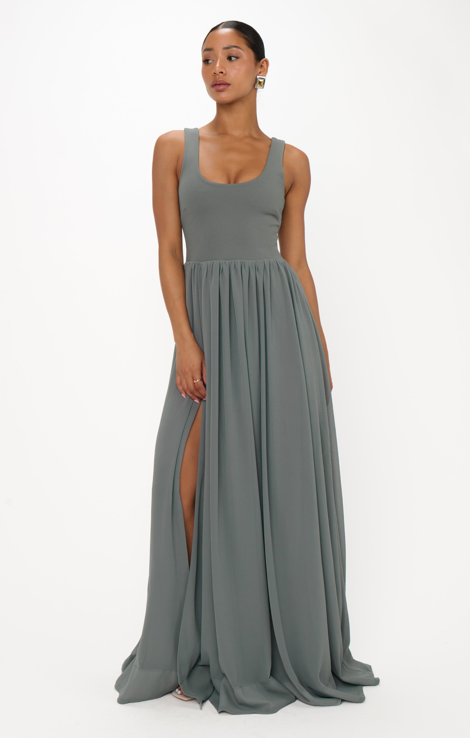 Flattering Deep Sage Chiffon Maxi Dress with Detachable Bows | Harper