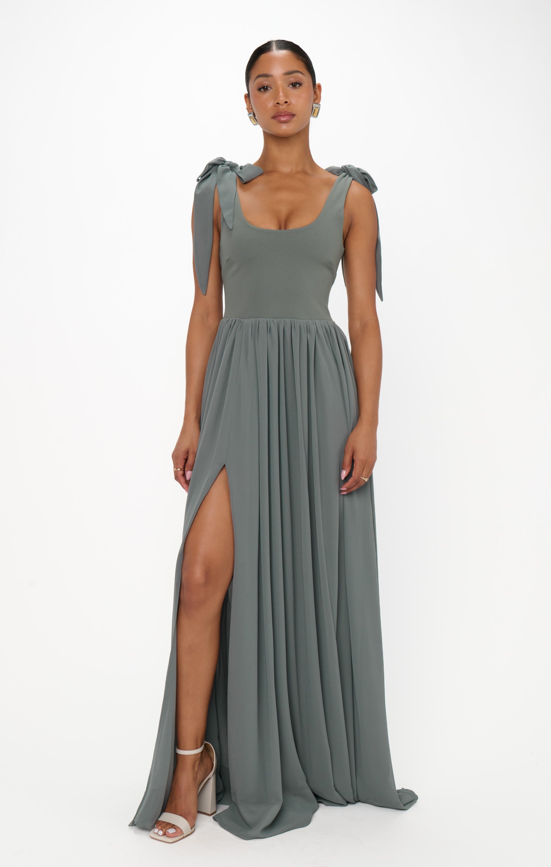 Flattering Deep Sage Chiffon Maxi Dress with Detachable Bows | Harper
