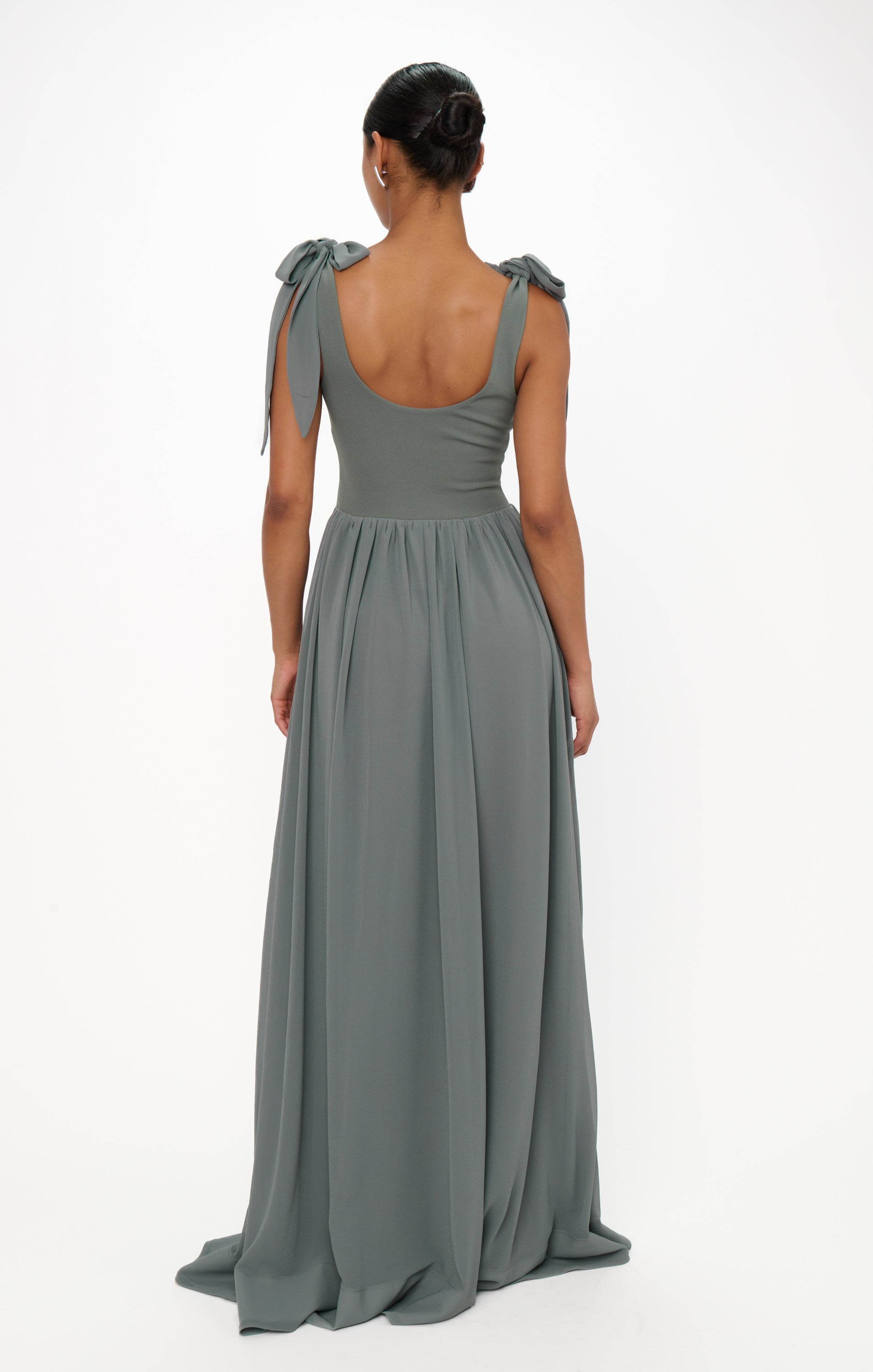Flattering Deep Sage Chiffon Maxi Dress with Detachable Bows | Harper