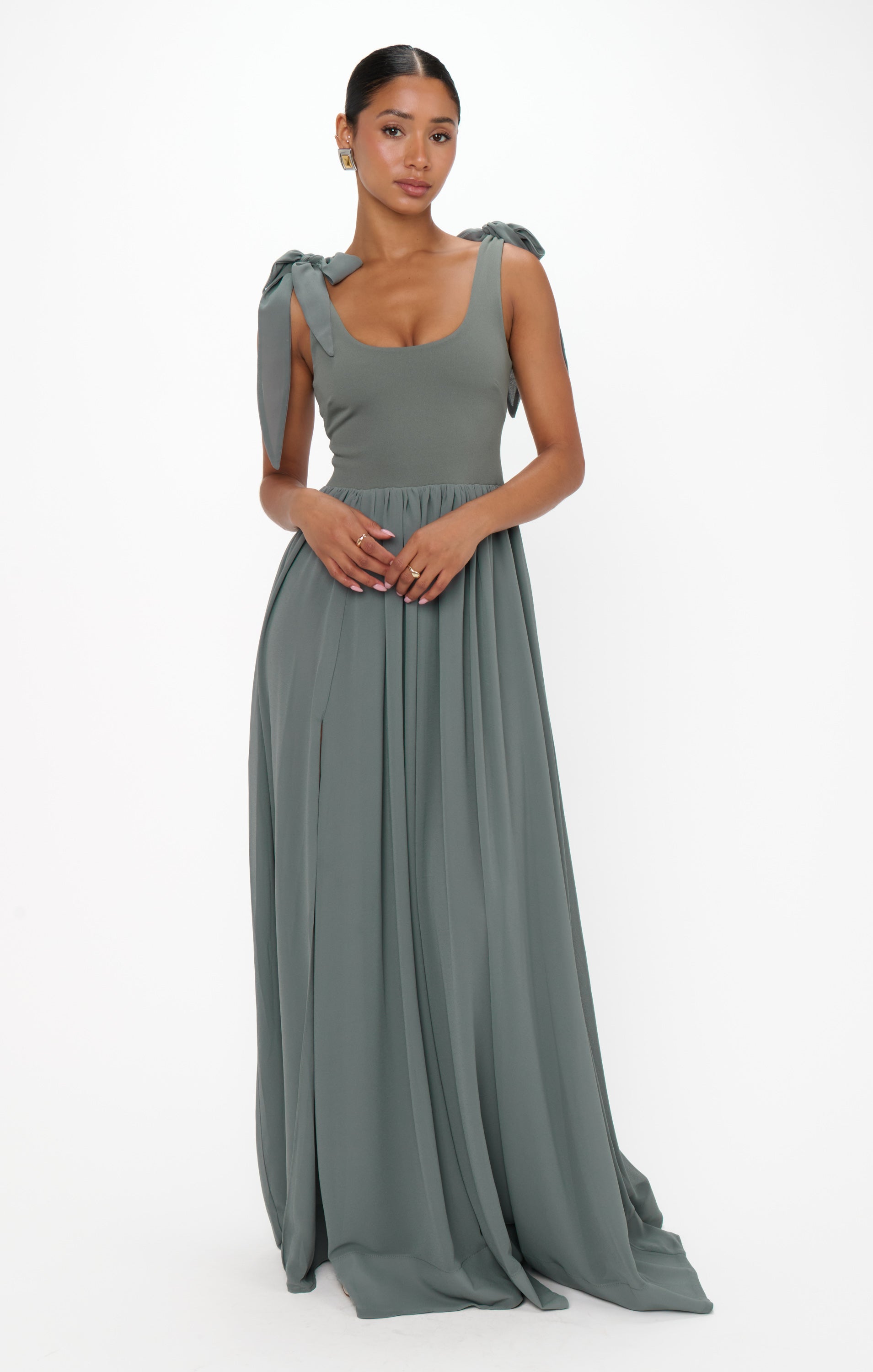 Flattering Deep Sage Chiffon Maxi Dress with Detachable Bows | Harper