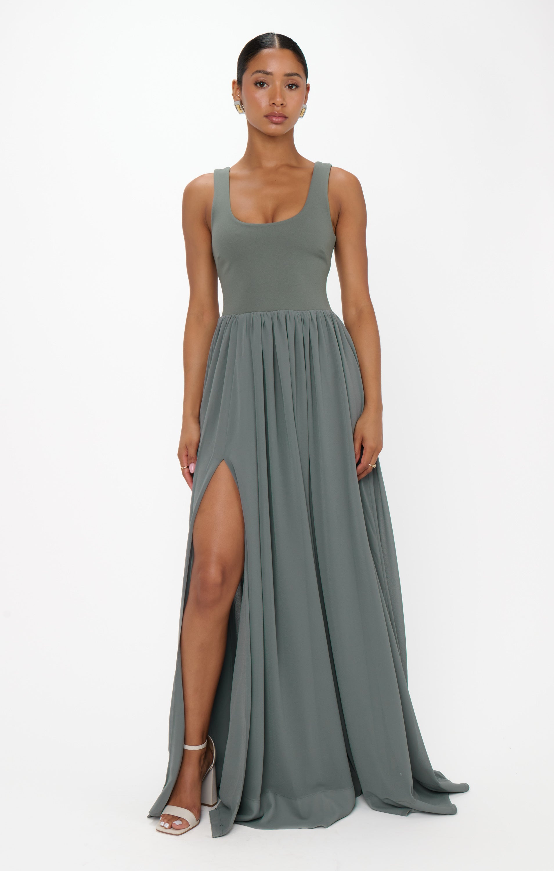 Flattering Deep Sage Chiffon Maxi Dress with Detachable Bows | Harper